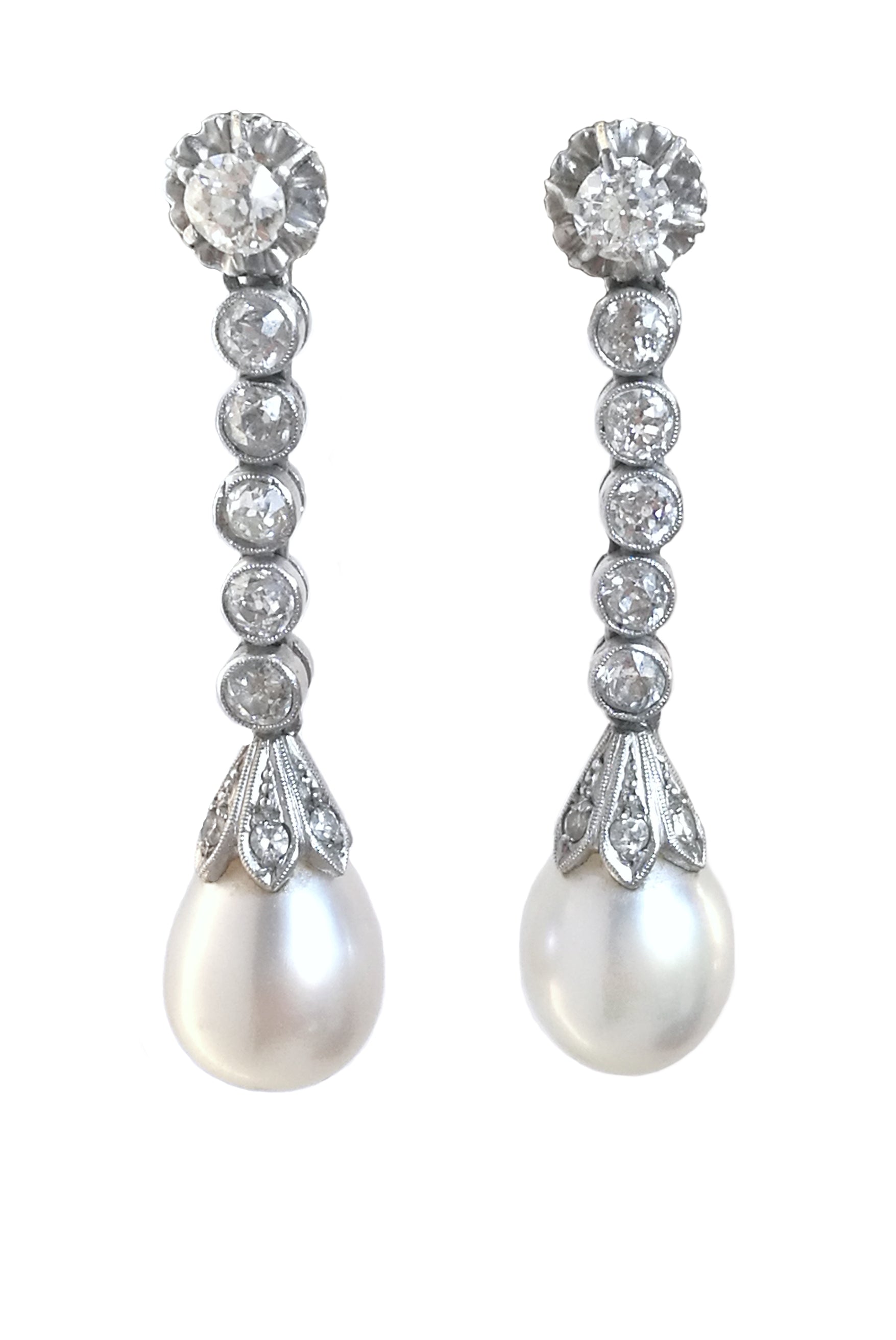 Art Deco 2.0tcw Old Cut Diamond & Cultured Pearl Pendant Earrings
