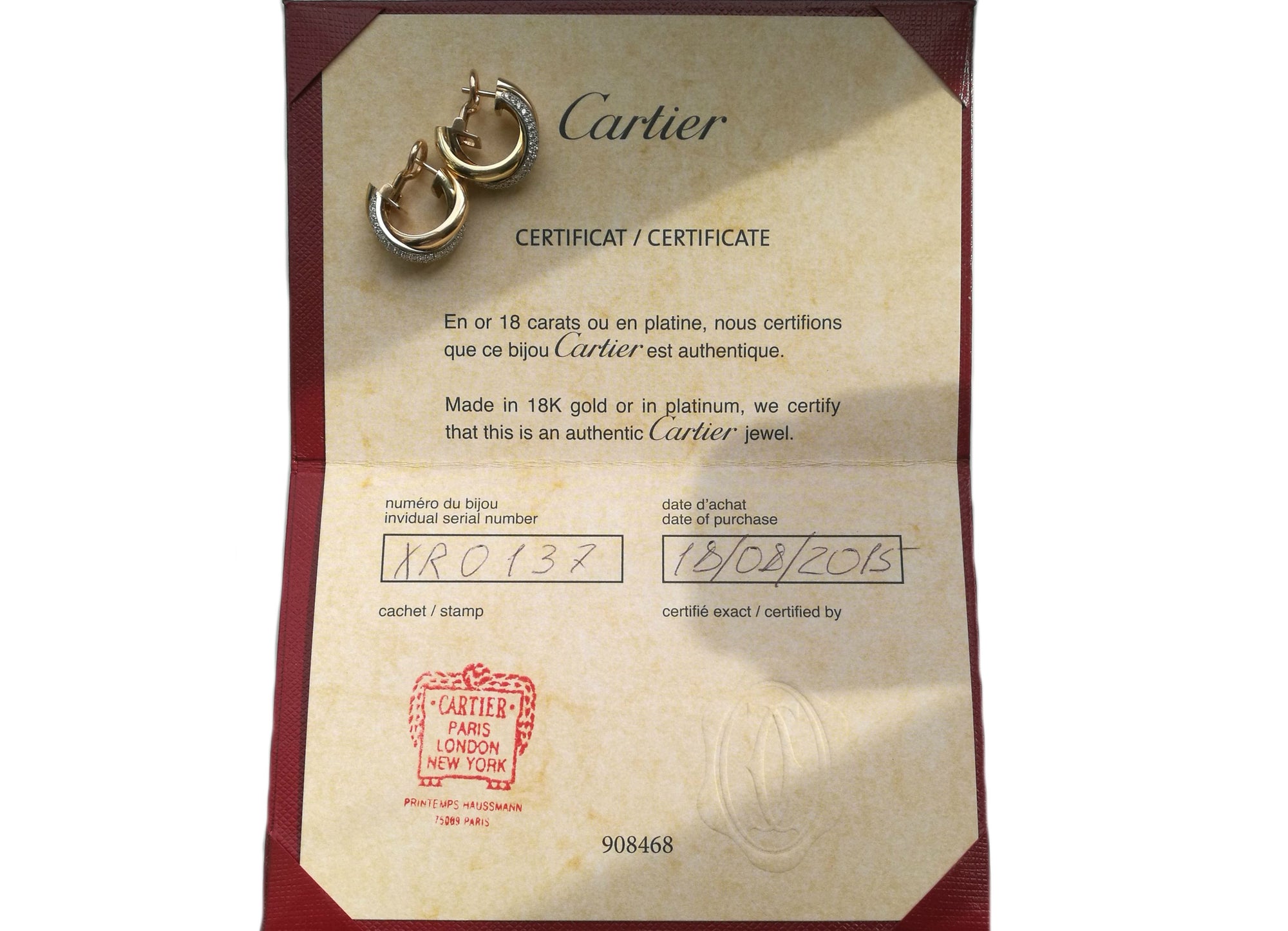 Cartier Trinity Diamond 18k Gold 3 Colour Earrings Certificate