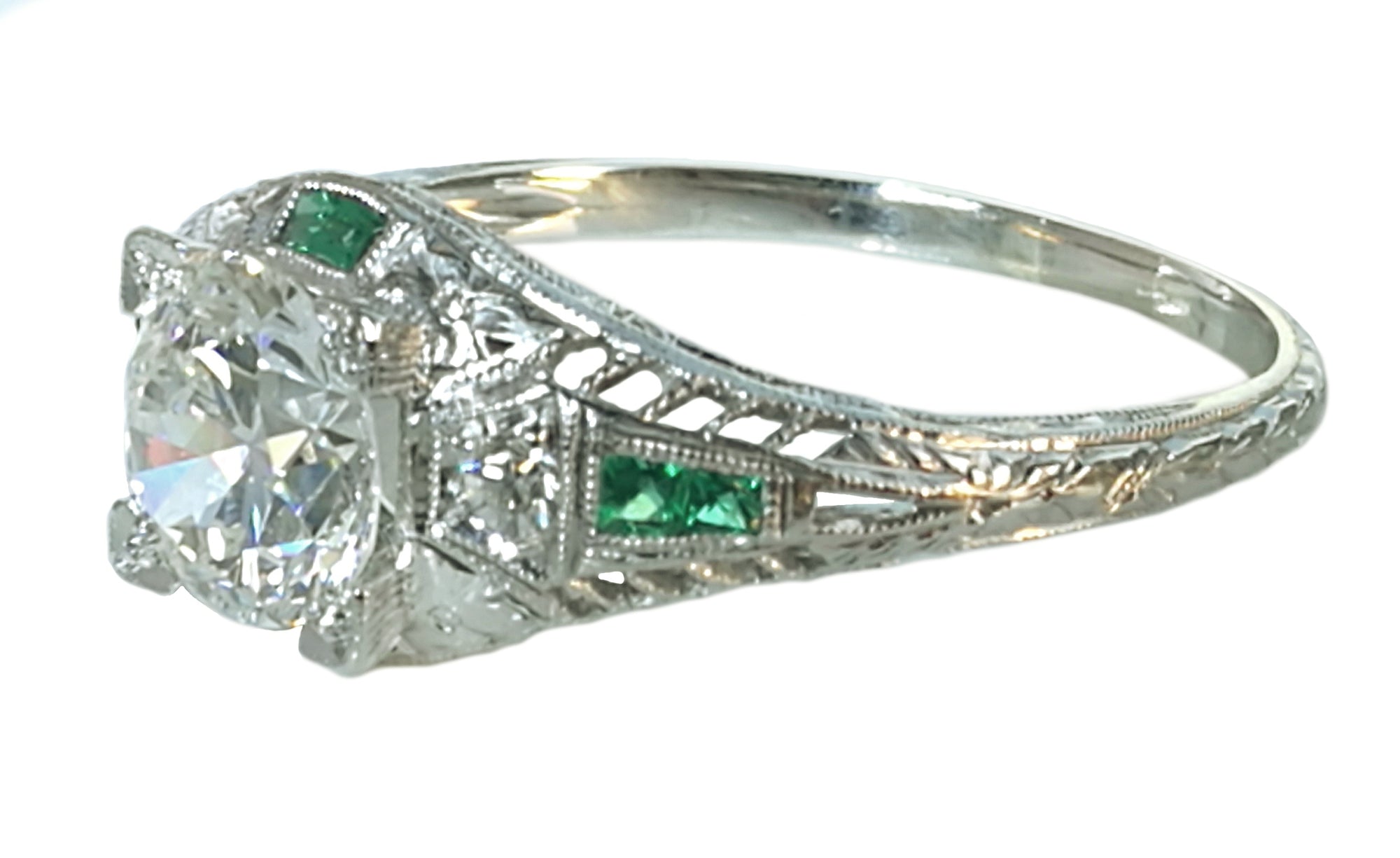 Original 1930s Vintage Art Deco 1.0ct Old Cut Diamond & Emerald Engagement Ring