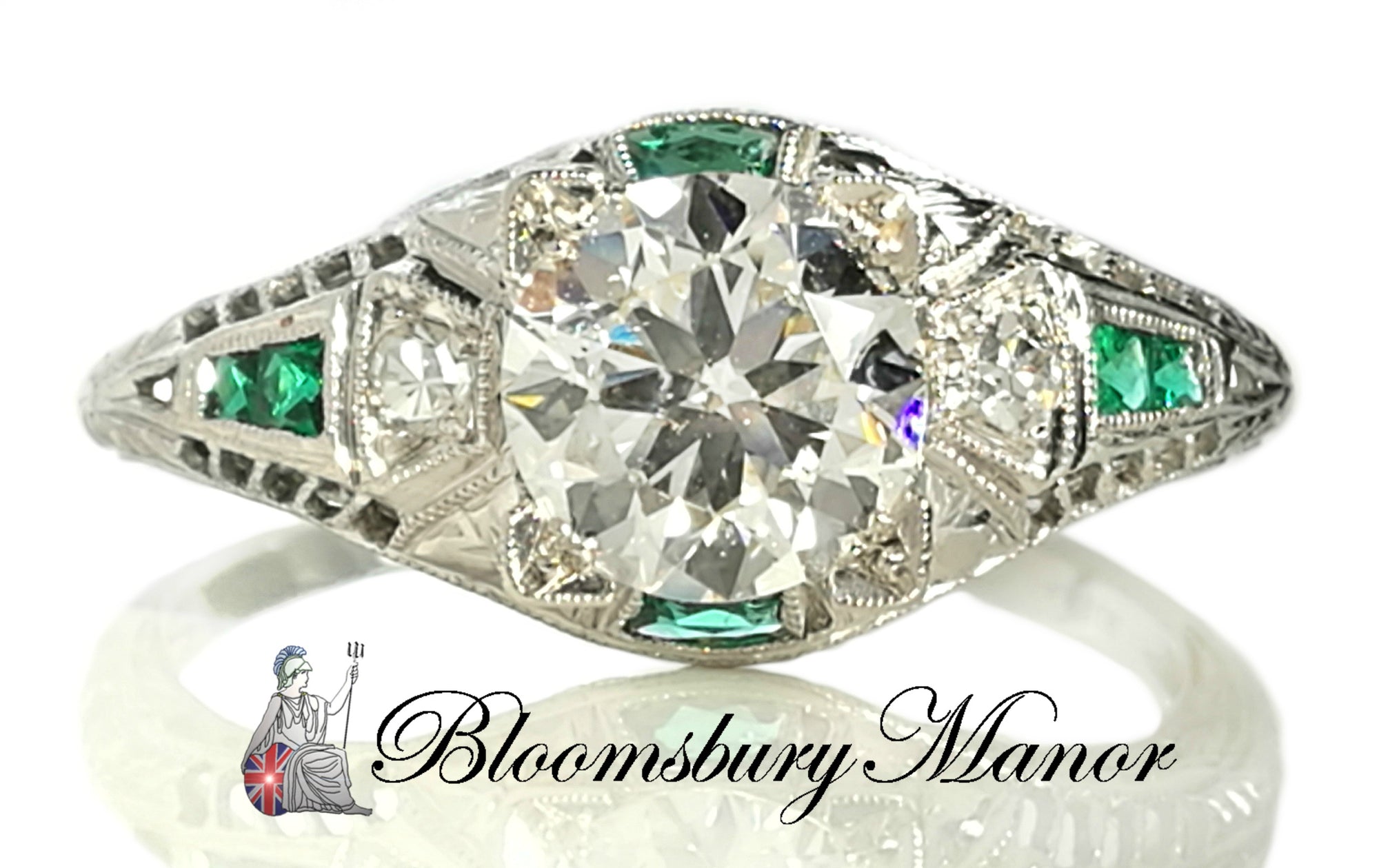 Original 1930s Vintage Art Deco 1.0ct Old Cut Diamond & Emerald Engagement Ring
