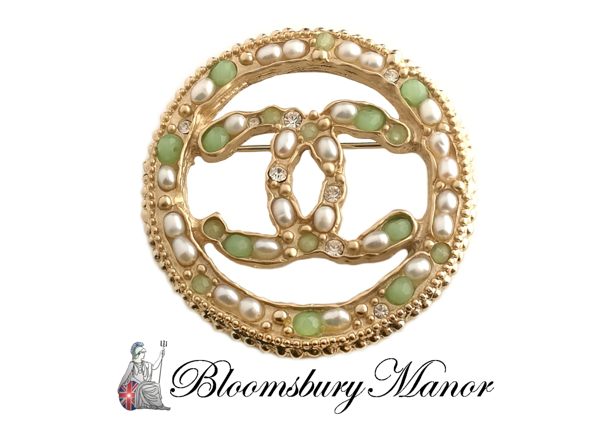 Chanel Green Stone and Seed Pearl CC Circle Brooch 2018A