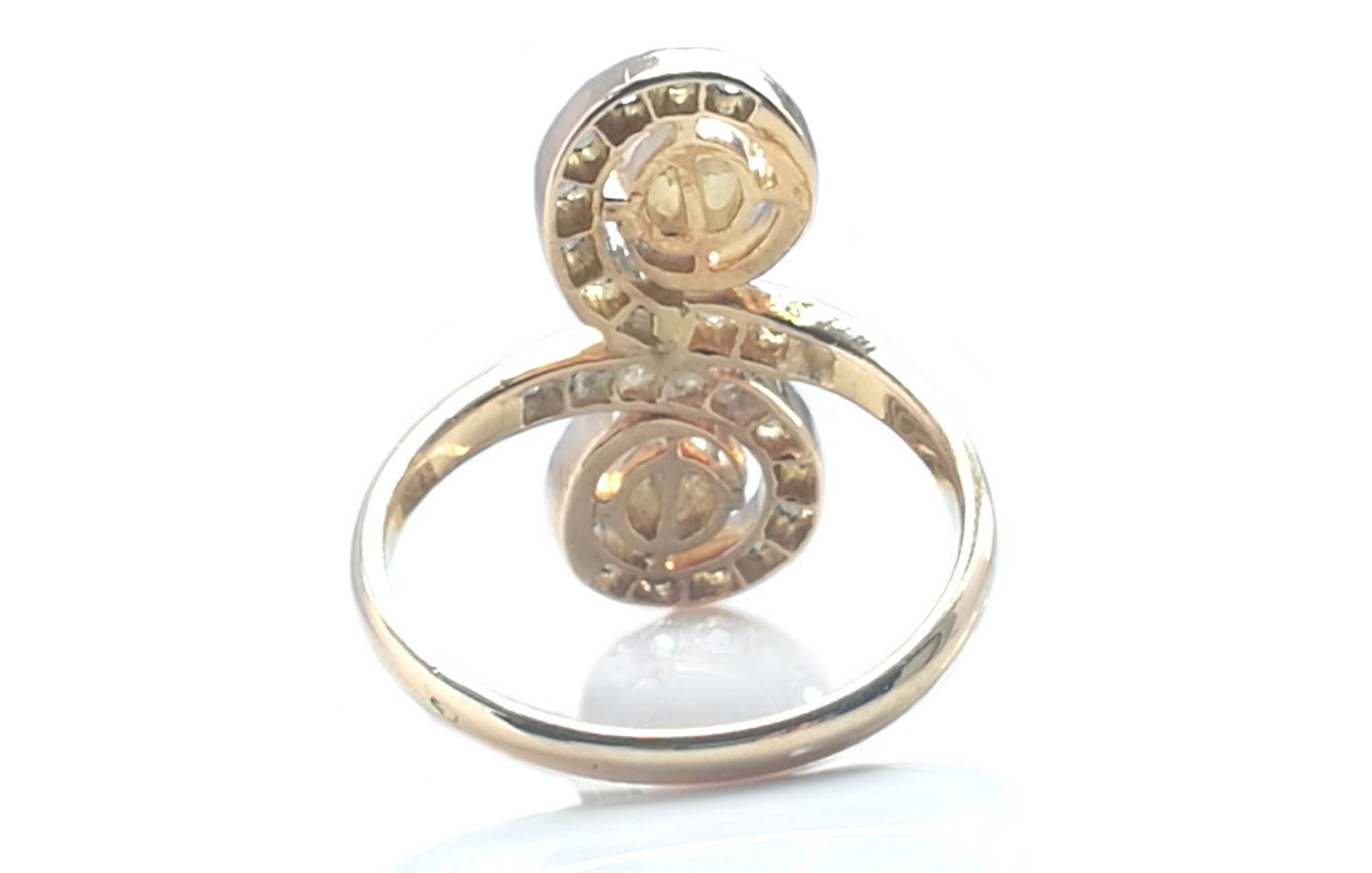Antique French Belle Epoque Twin Pearl & Diamond Ring in 18k Yellow Gold