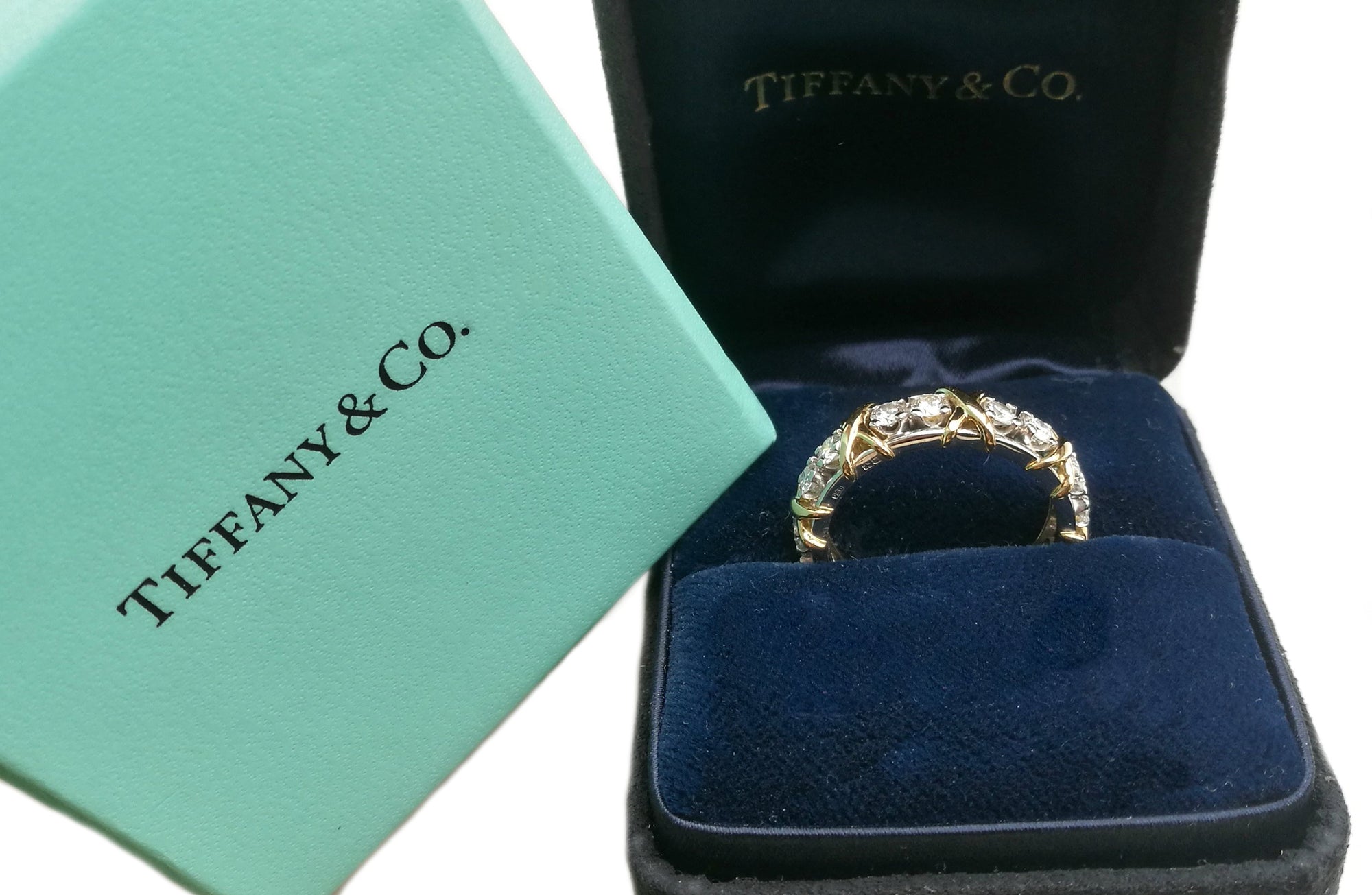 Tiffany & Co. Sixteen Stone Diamond Gold & Platinum Schlumberger Ring, Size P