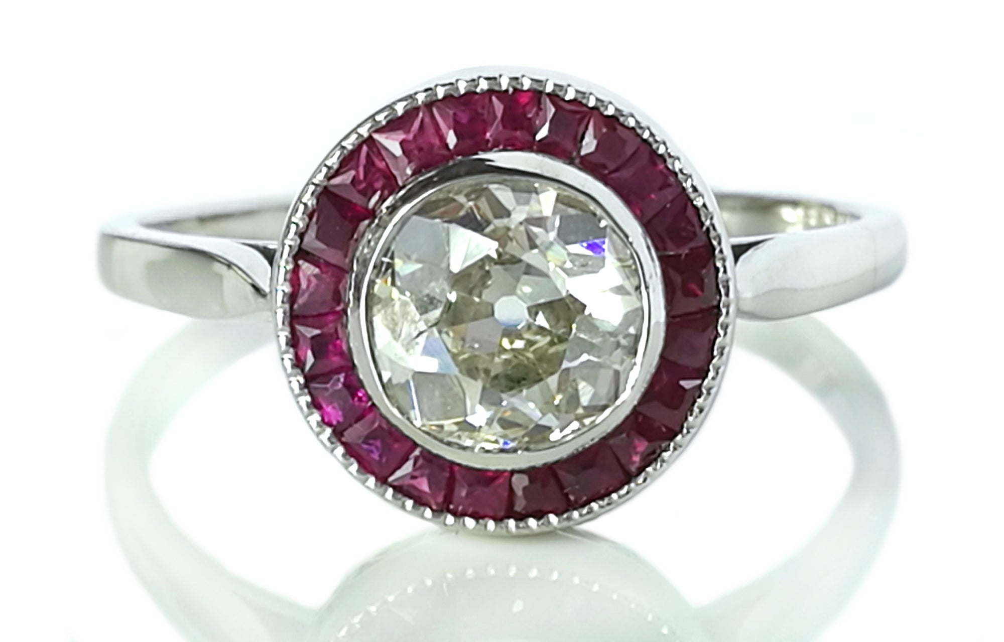 Art Deco 1930s French 1.20ct Diamond & Ruby Halo Target Engagement Ring in Platinum