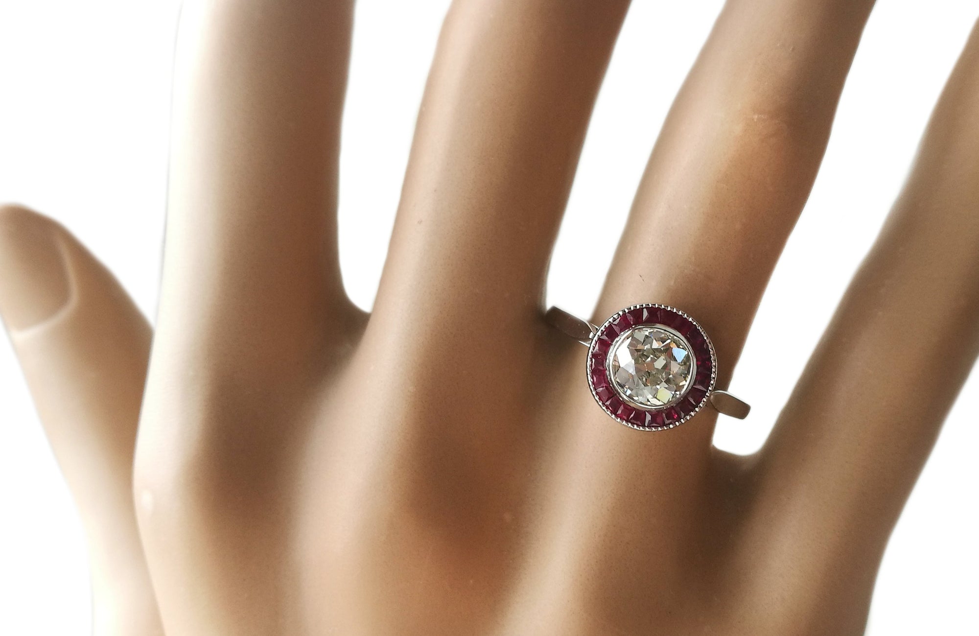 Art Deco 1930s French 1.20ct Diamond & Ruby Halo Target Engagement Ring in Platinum