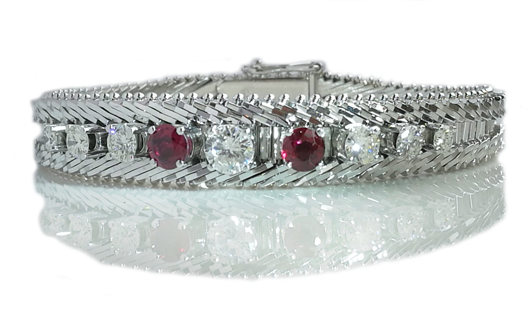 1960s Vintage 2.34tcw Diamond & Ruby Herringbone Bracelet in 14k White Gold