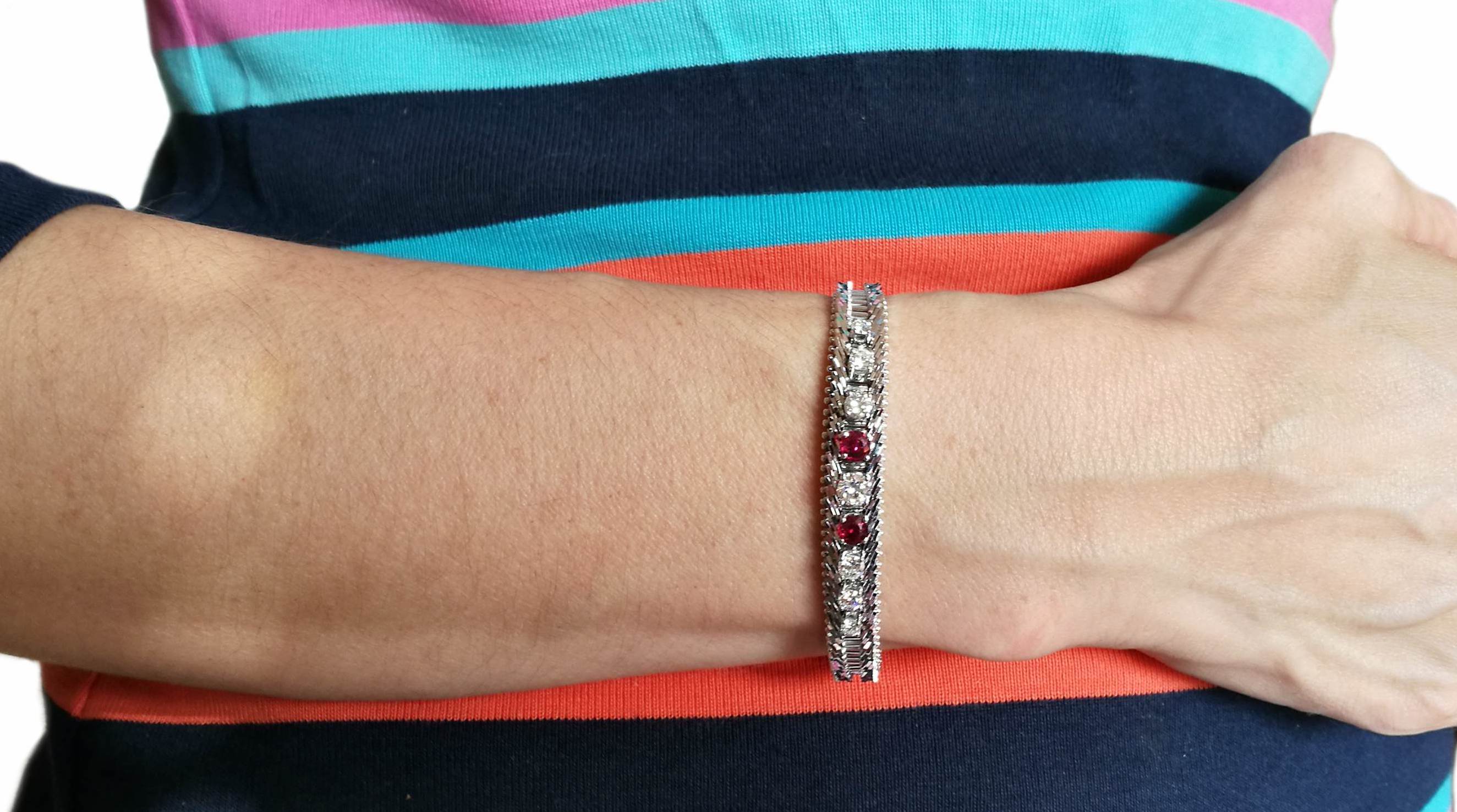 1960s Vintage 2.34tcw Diamond & Ruby Herringbone Bracelet on wrist