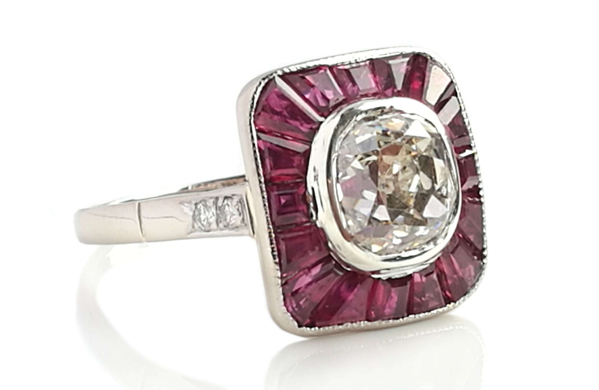 Original Art Deco 1.9ct Old Cut Diamond Ruby Calibre Target Halo Engagement Ring