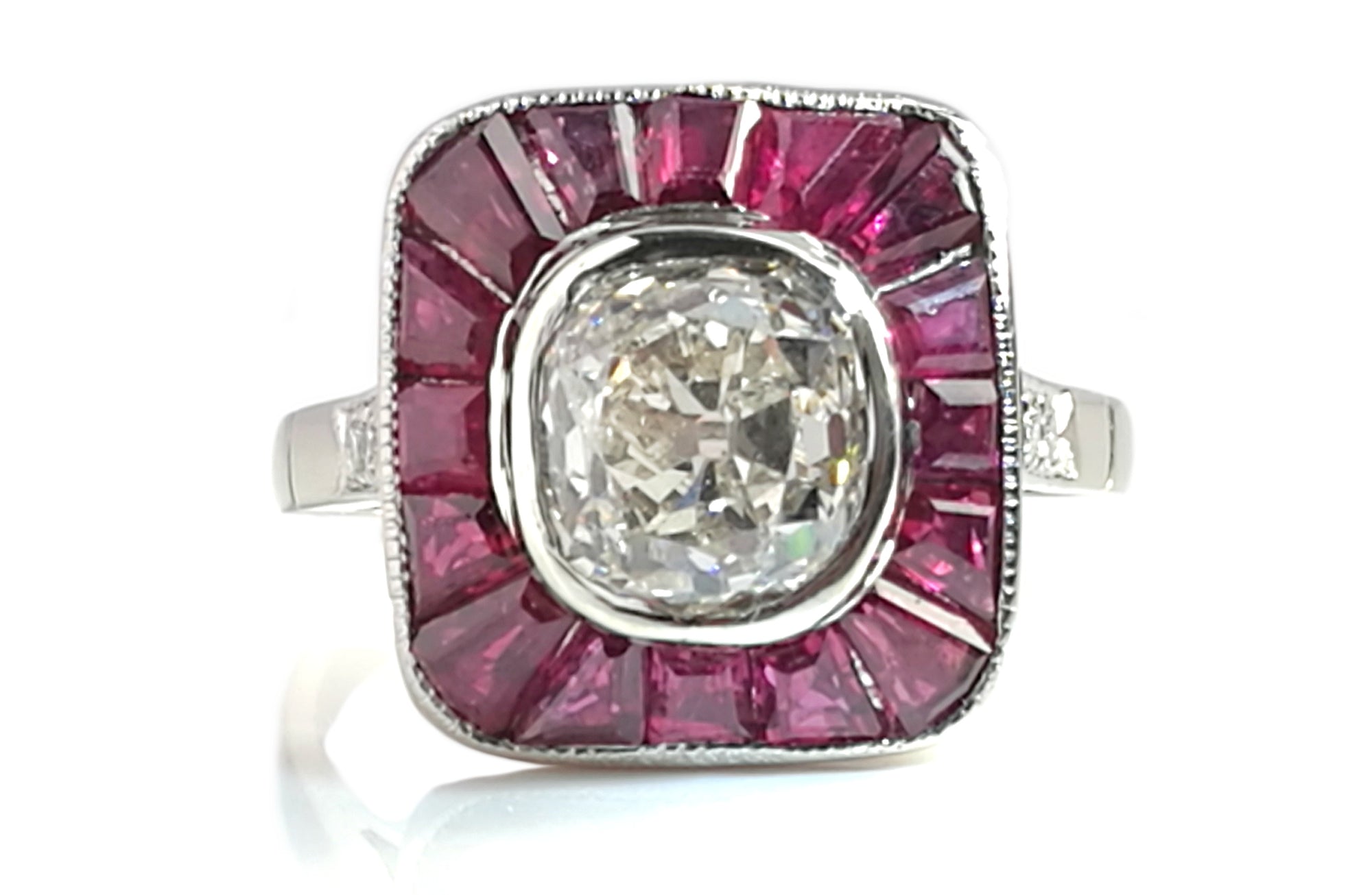 Original Art Deco 1.9ct Old Cut Diamond Ruby Calibre Target Halo Engagement Ring