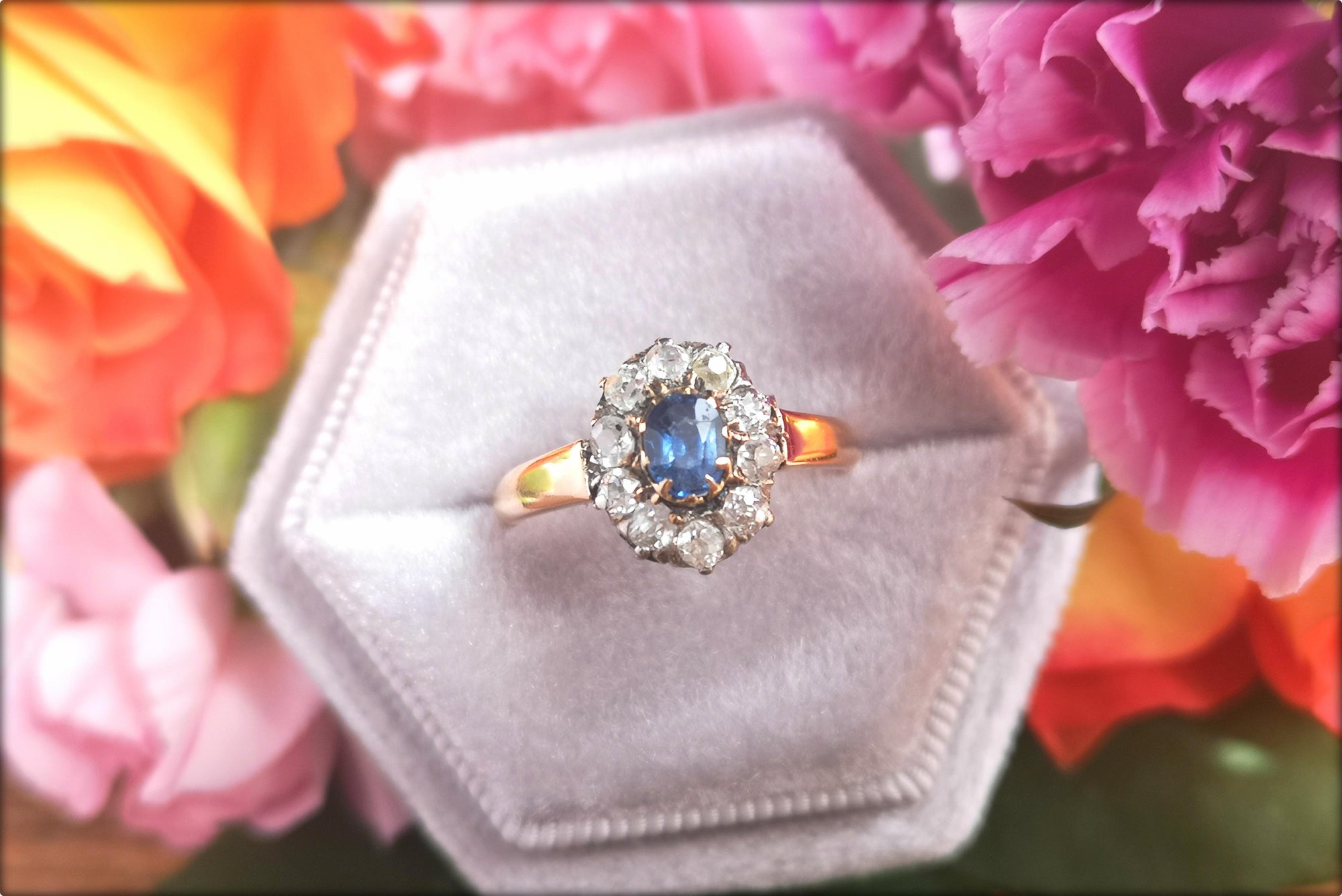 French Victorian Sapphire & Diamond Engagement Ring in 18k Rose Gold