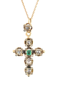 Antique French Victorian Rose Cut Diamond & Emerald Cross Pendant