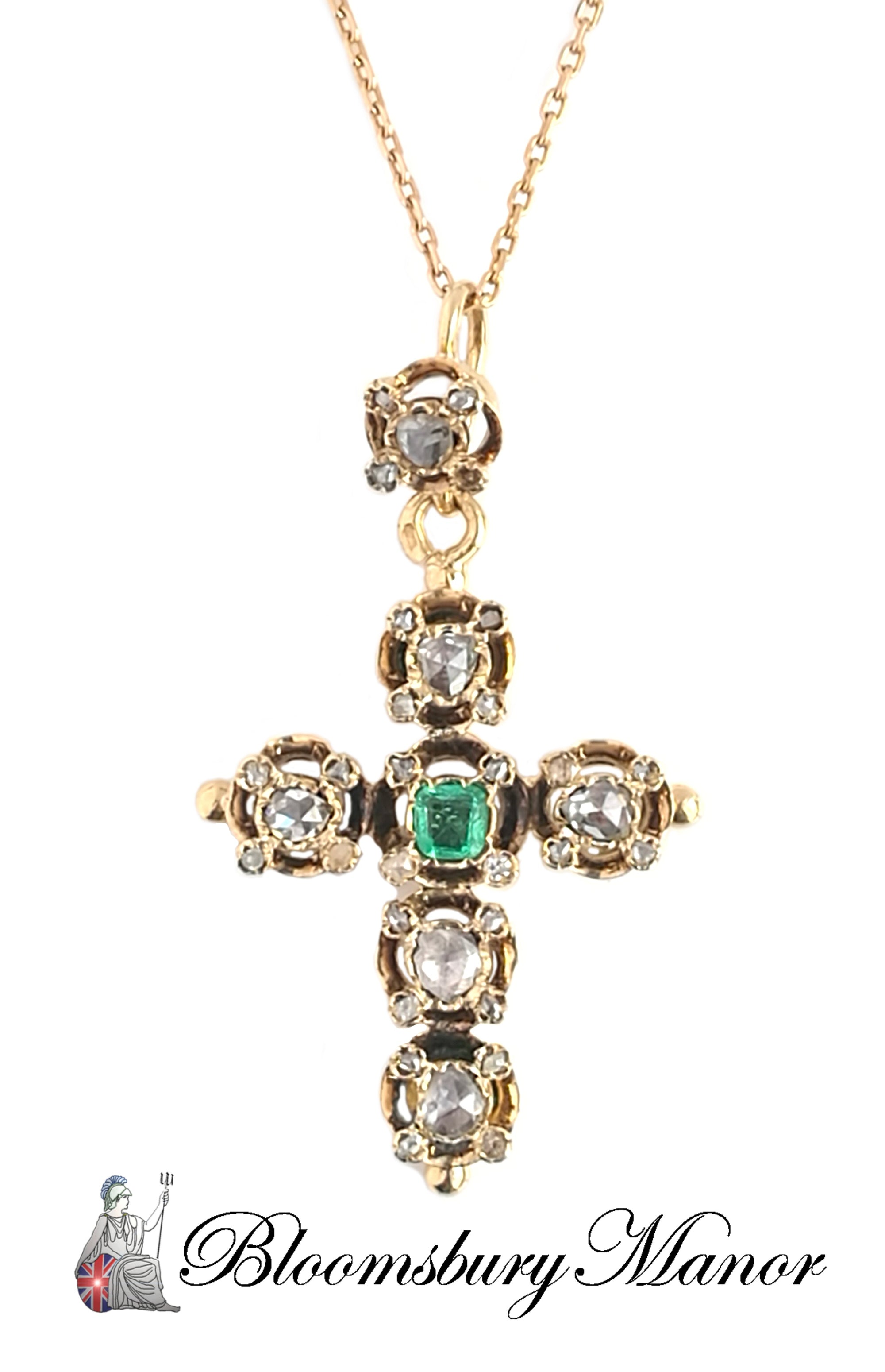 Antique French Victorian Rose Cut Diamond Emerald Cross Pendant Necklace