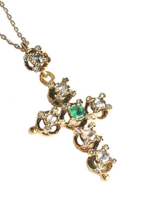 Antique French Victorian Rose Cut Diamond & Emerald Cross Pendant