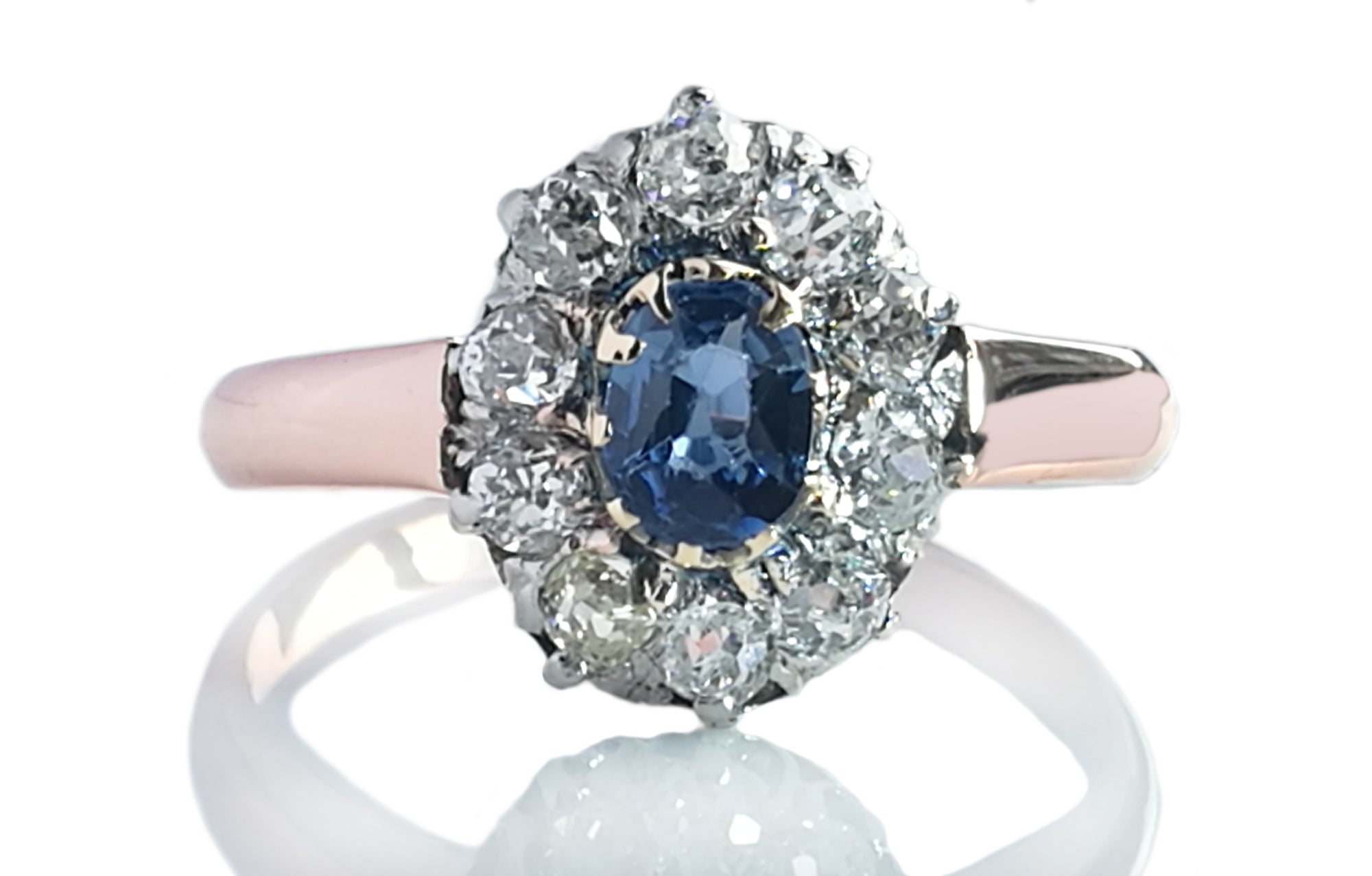 French Victorian Sapphire & Diamond Engagement Ring in 18k Rose Gold