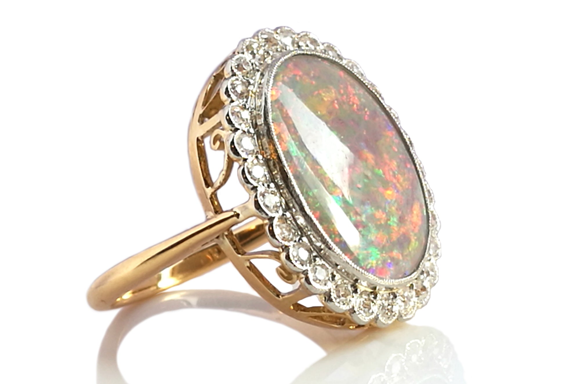Antique Edwardian Victorian Opal & Old Cut Diamond Ring in 18k Yellow Gold