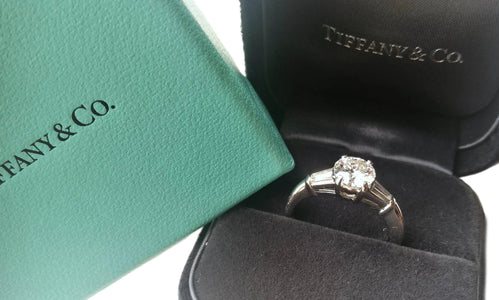 Tiffany & Co. 1.17ct G/VS1 3 Stone Diamond Engagement Ring with Baguette Side Stones in box