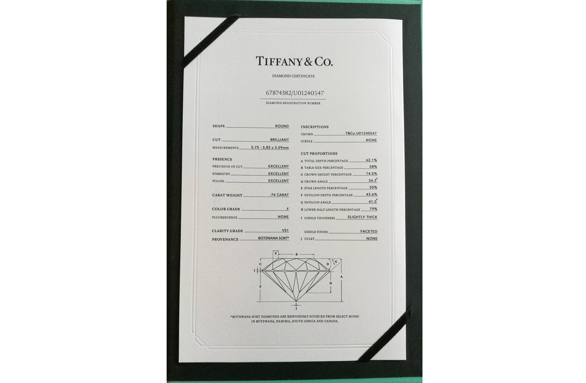 Tiffany & Co. 0.74ct F/VS1 Triple XXX Round Brilliant Diamond Engagement Ring