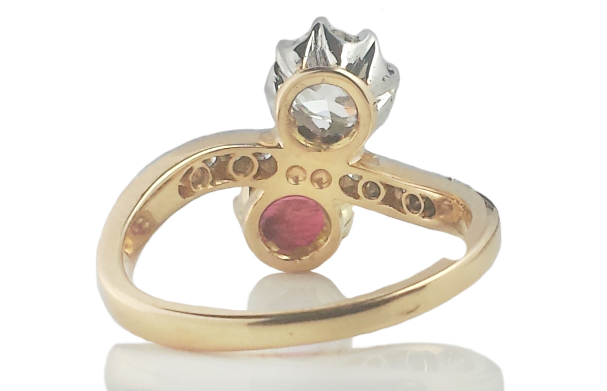 French Victorian 1.13ct Unheated Burmese Ruby & 0.90ct Old Cut Diamond Toi et Moi Engagement Ring