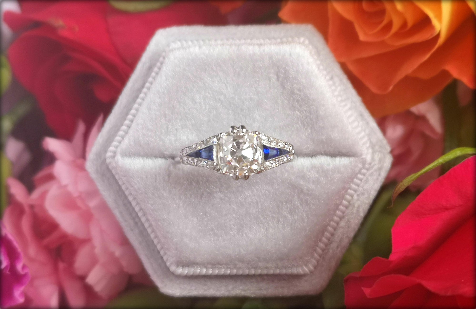 1920s Art Deco 1.60ct Old Cushion Cut Diamond & Sapphire Engagement Ring in Platinum