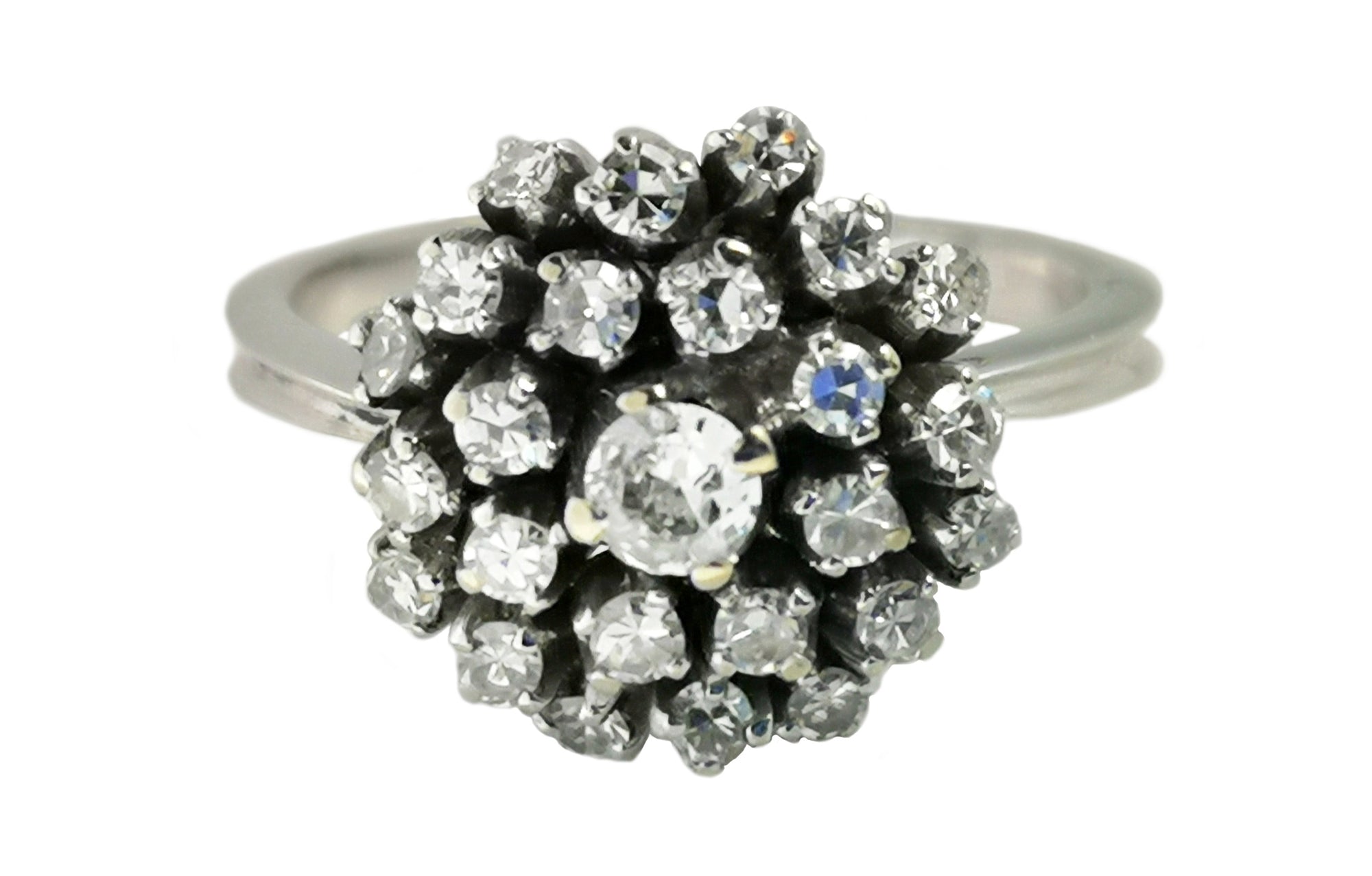 Mid Century 1950s 0.50ct Old Cut & 8/8 Diamond 19k White Gold Cluster Ring