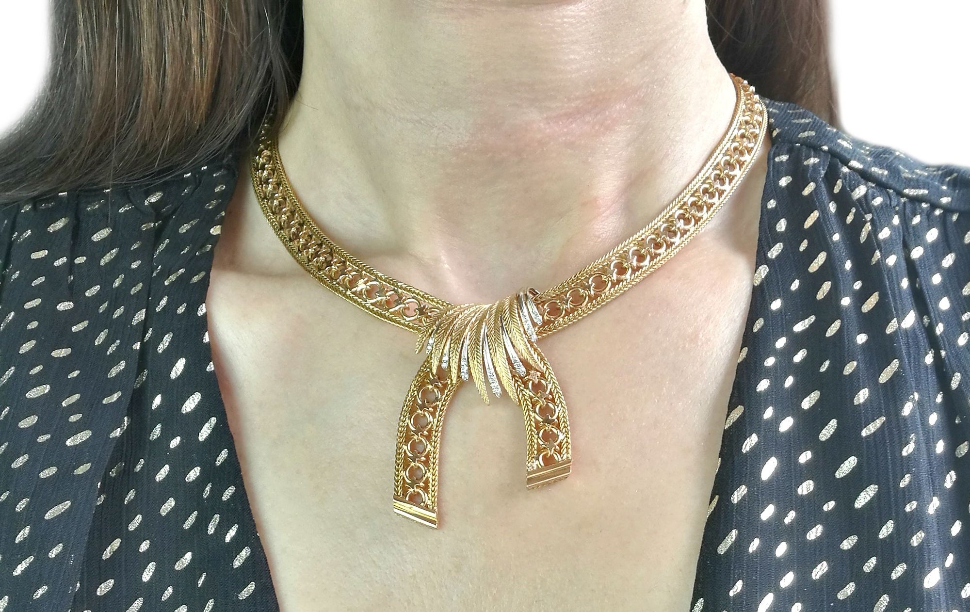 Vintage French 1940s Retro Gold Diamond Necklace