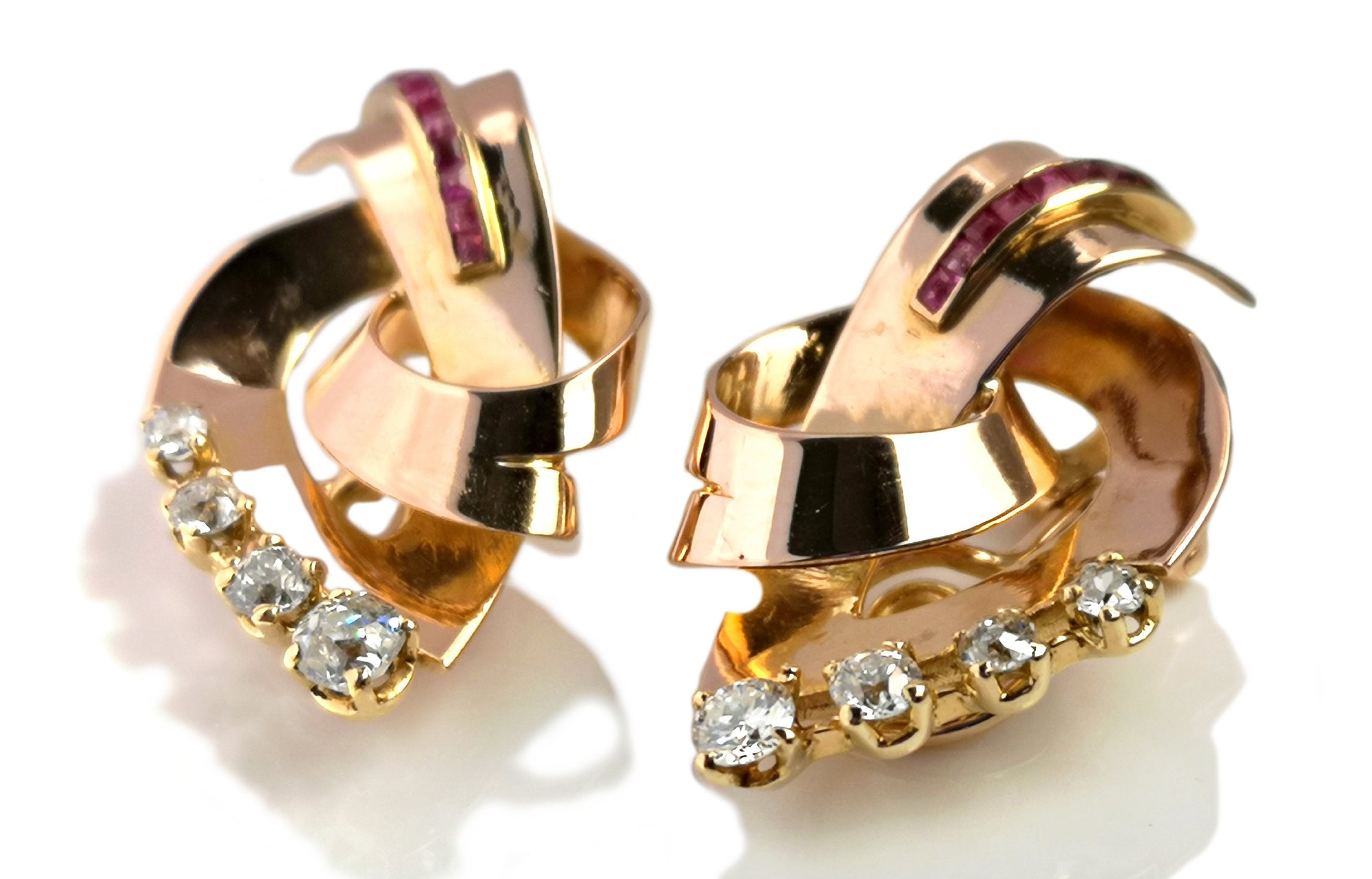 Retro 1940s 18k Rose Gold 0.5ct Old Cut Diamond & Ruby Clip Earrings