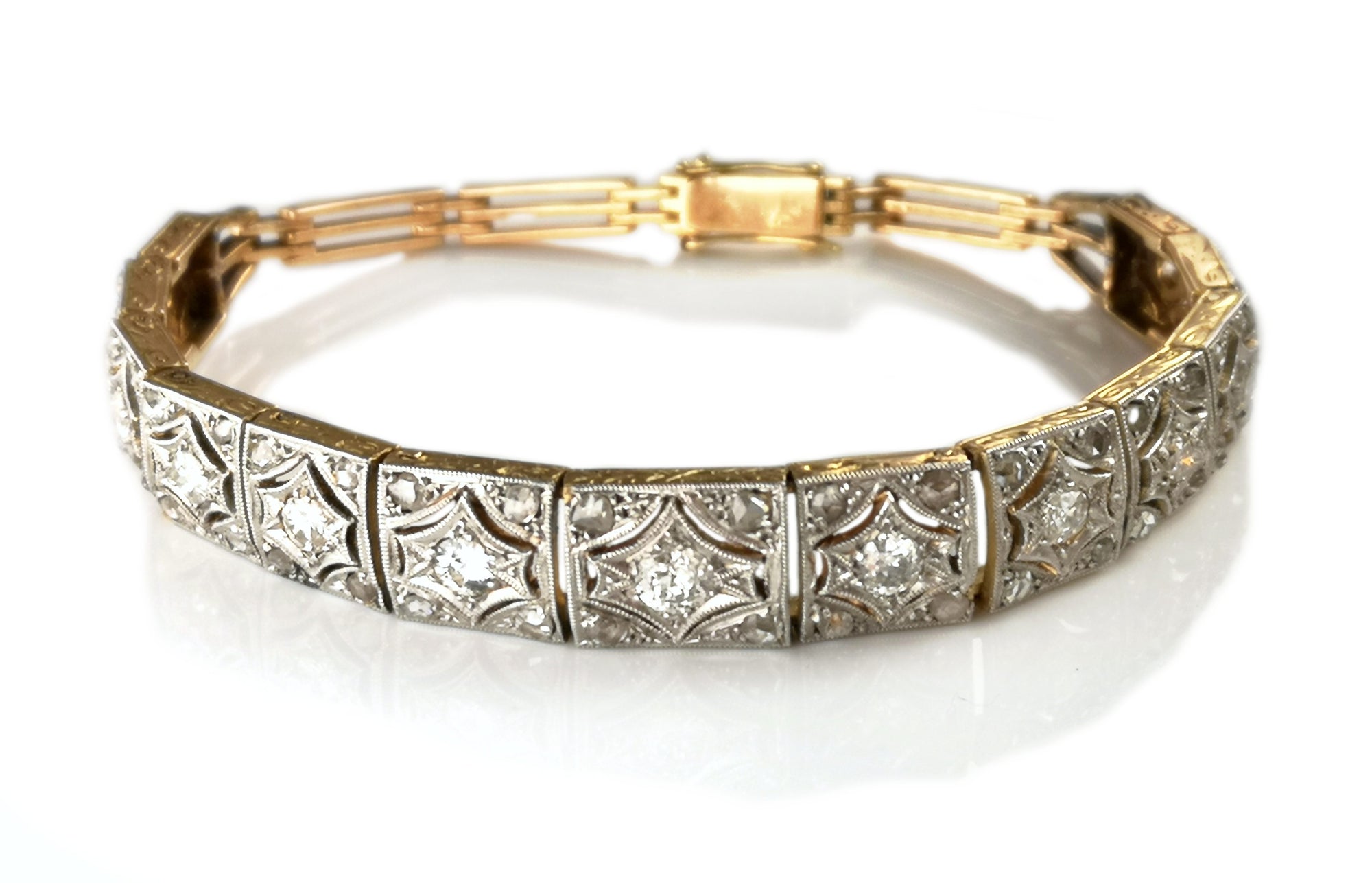 Art Deco Old Cut & Brilliant Diamond 14k Gold Platinum Bracelet 7 inch