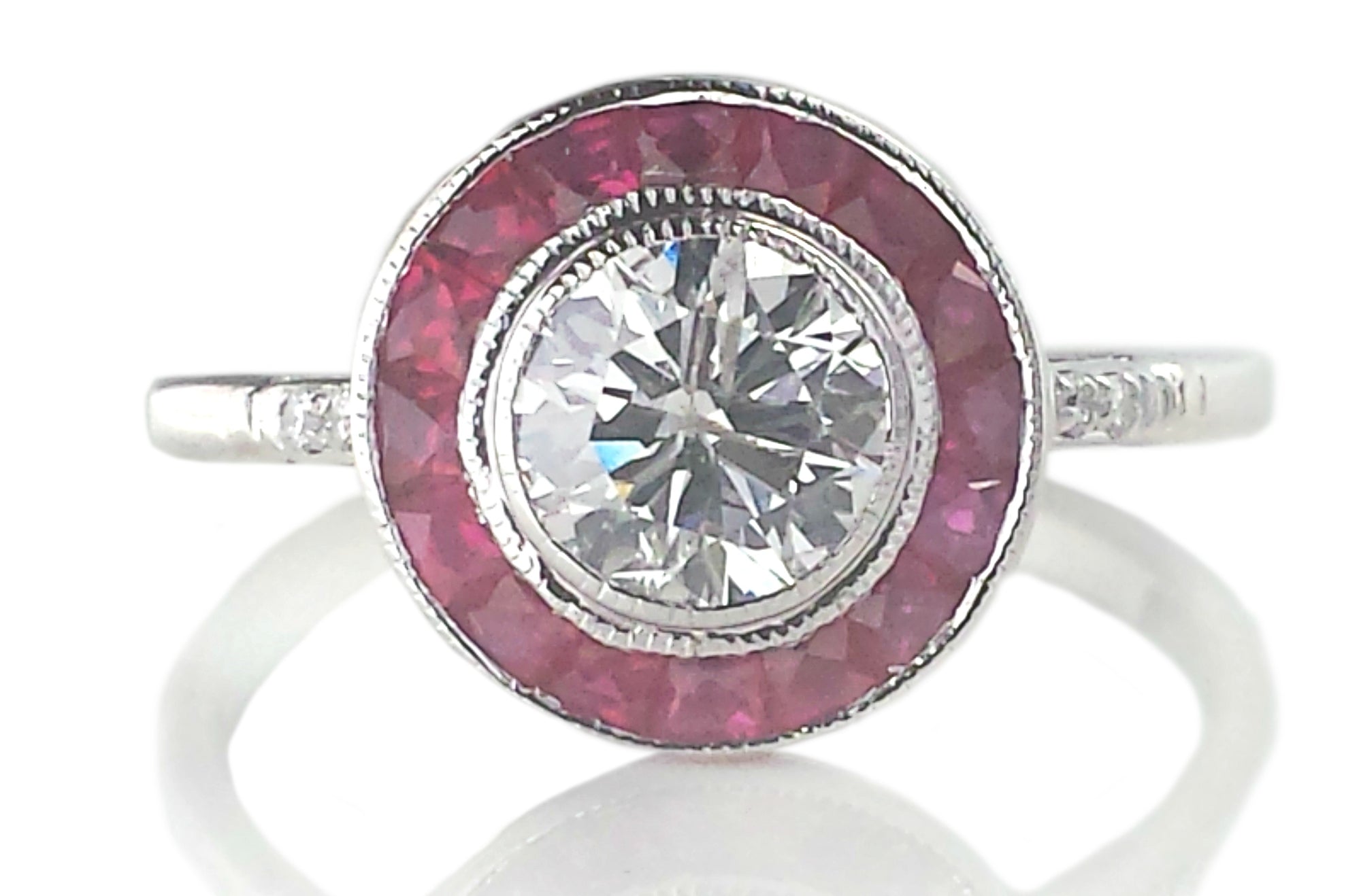 Art Deco Style 0.75ct Diamond & Ruby Target Halo Engagement Ring