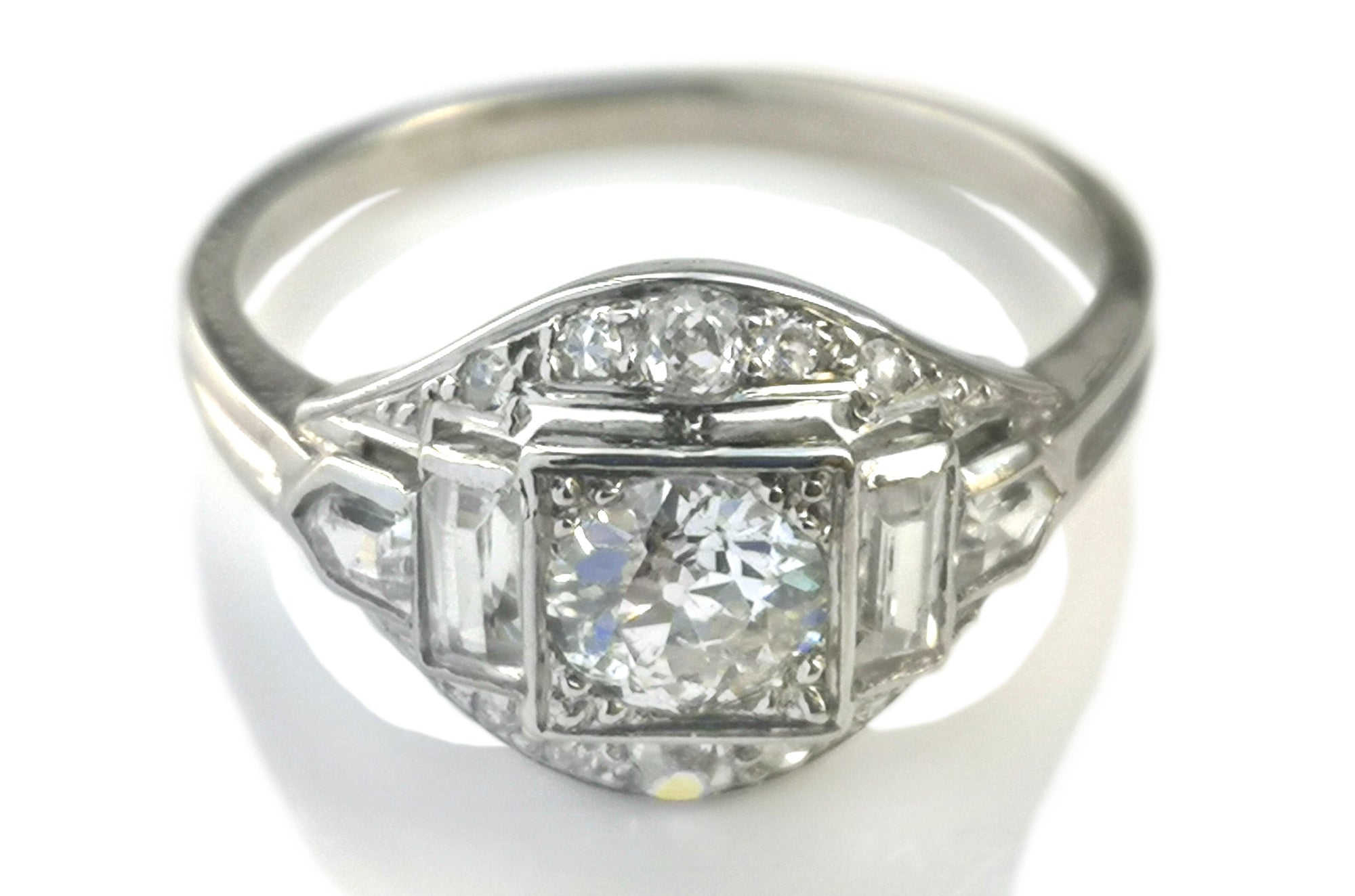 Original 1920s French Art Deco 1.16tcw Baguette & Old Round Cut Diamond Engagement Ring
