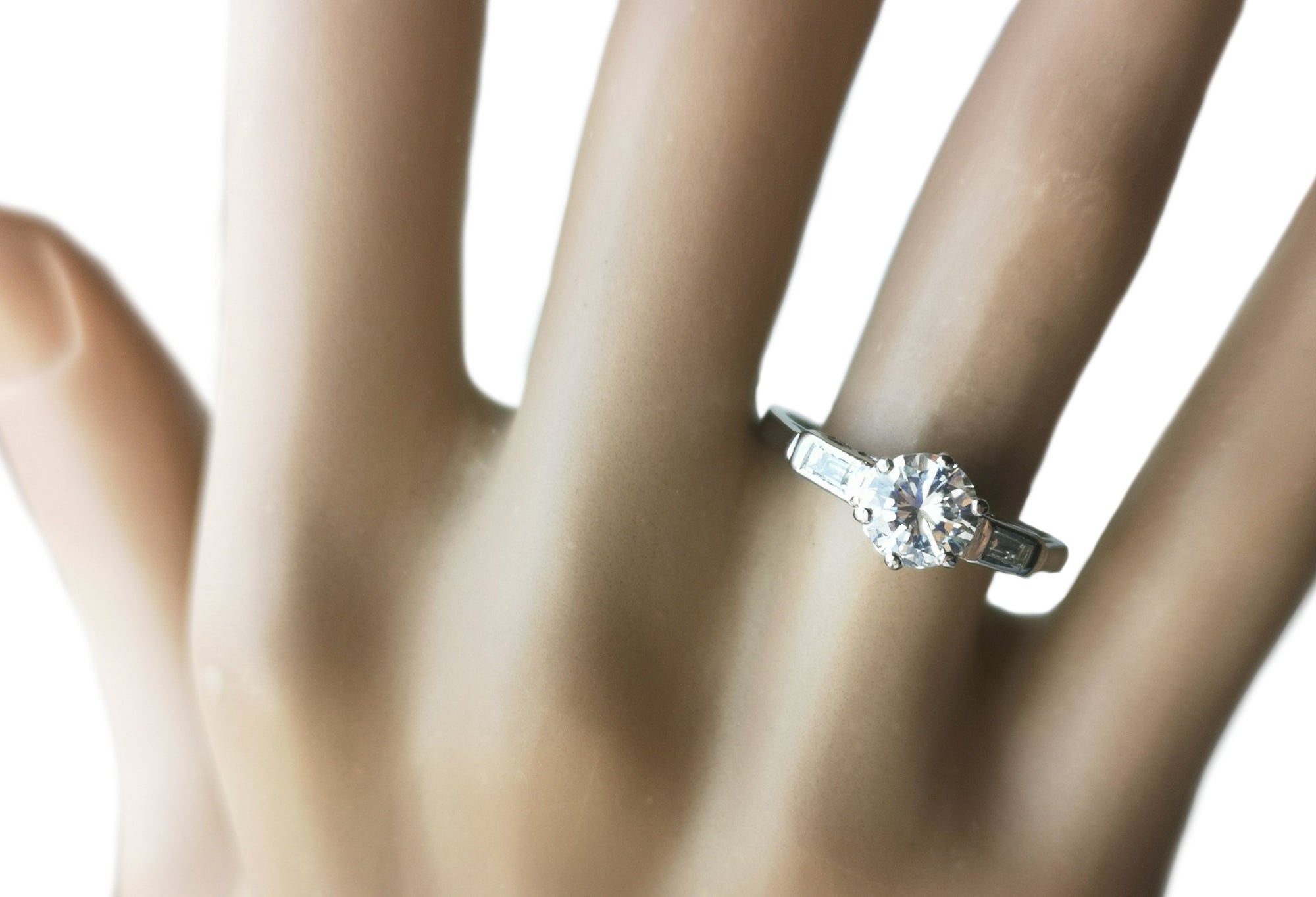 1950s Mid Century 0.95ct Round Brilliant Baguette Diamond Engagement Ring