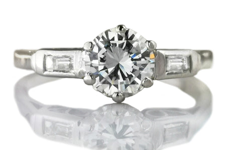 1950s Mid Century .95ct Round Brilliant Baguette Diamond Engagement Ring