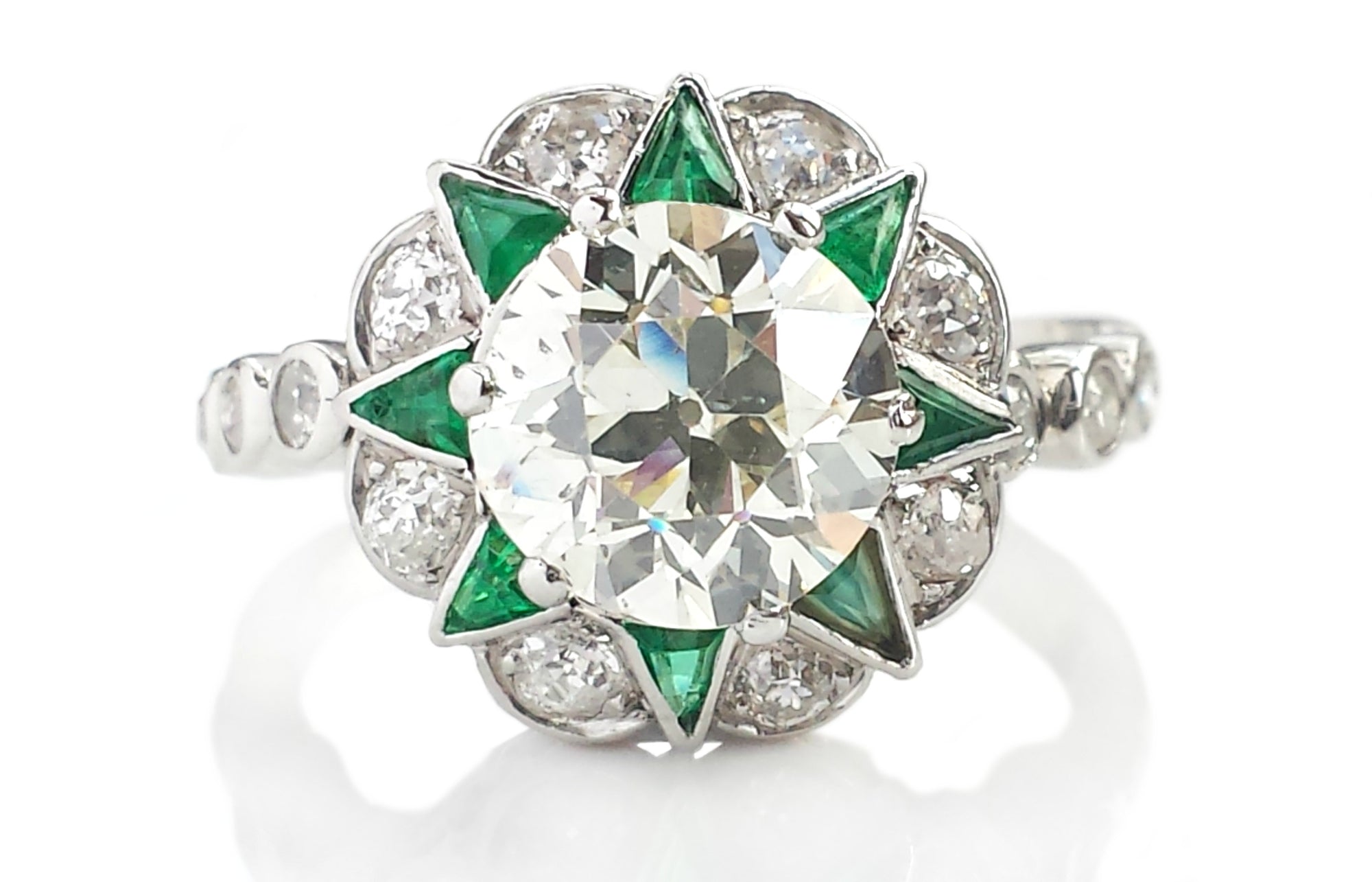 Art Deco 3.05tcw  N/VS1 GIA Old Cut Diamond Emerald Engagement Ring