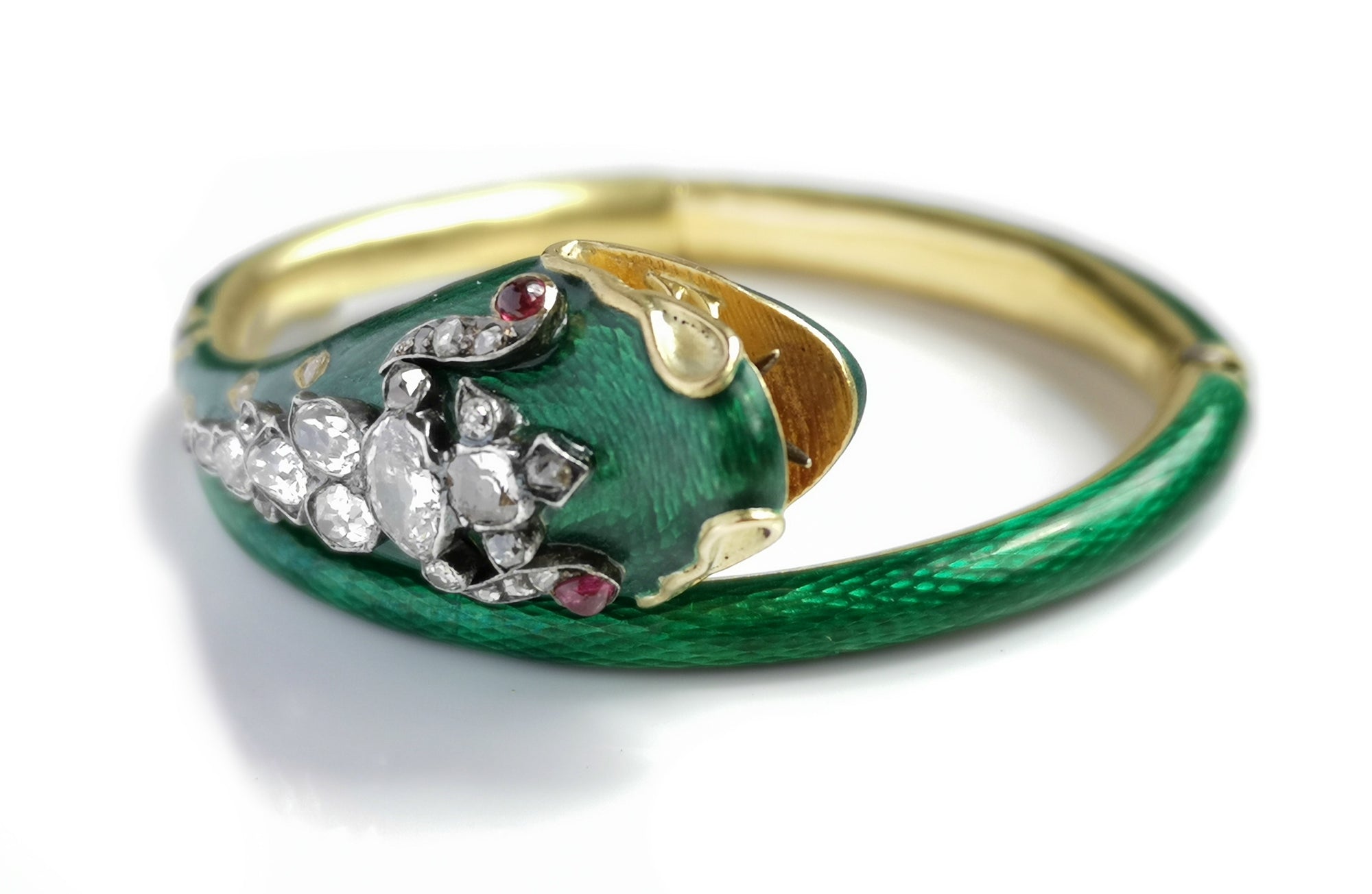 Victorian 2.10ct Old Cut Diamond, Ruby & Green Enamel Serpent Bracelet