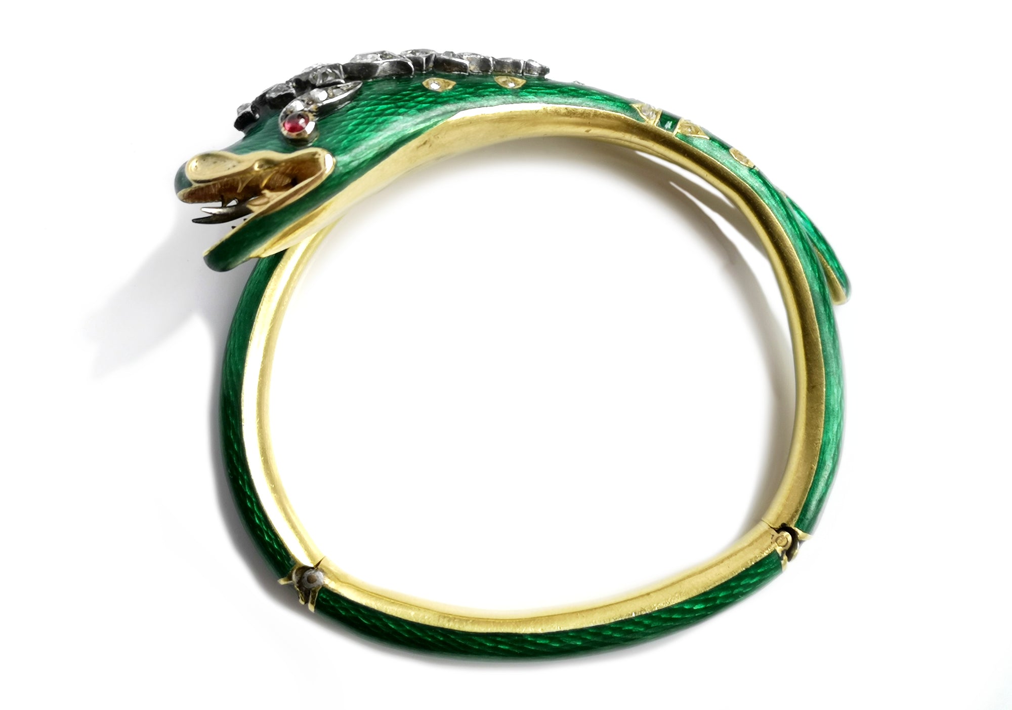 Victorian 2.10ct Old Cut Diamond, Ruby & Green Enamel Serpent Bracelet