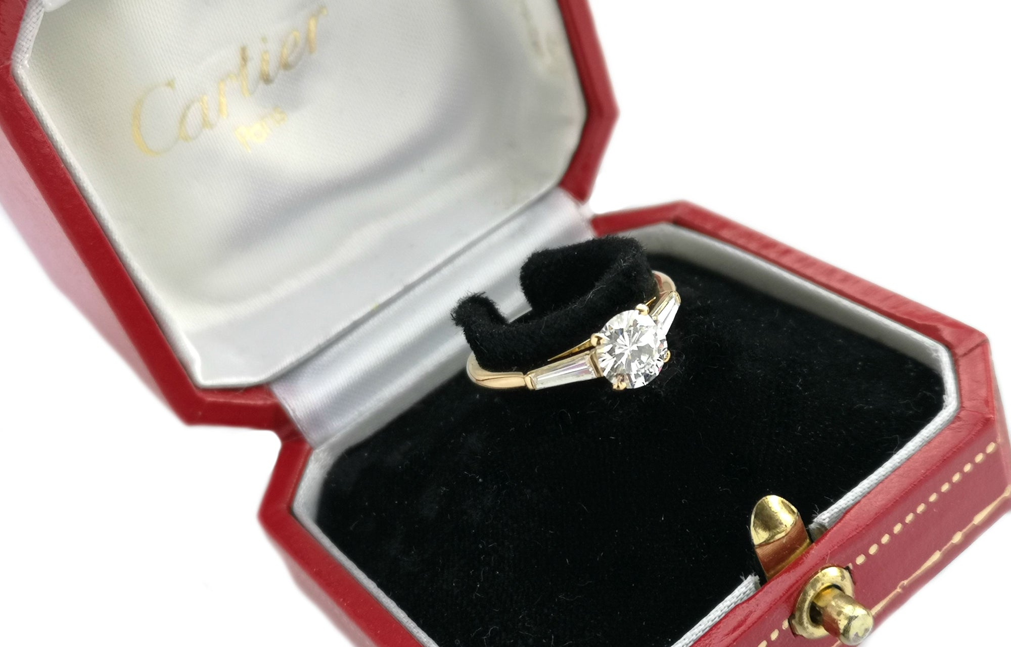 Cartier 1.01ct D/VVS2 Round Brilliant & Tapered Baguette Diamond Engagement Ring in 18K Gold in box