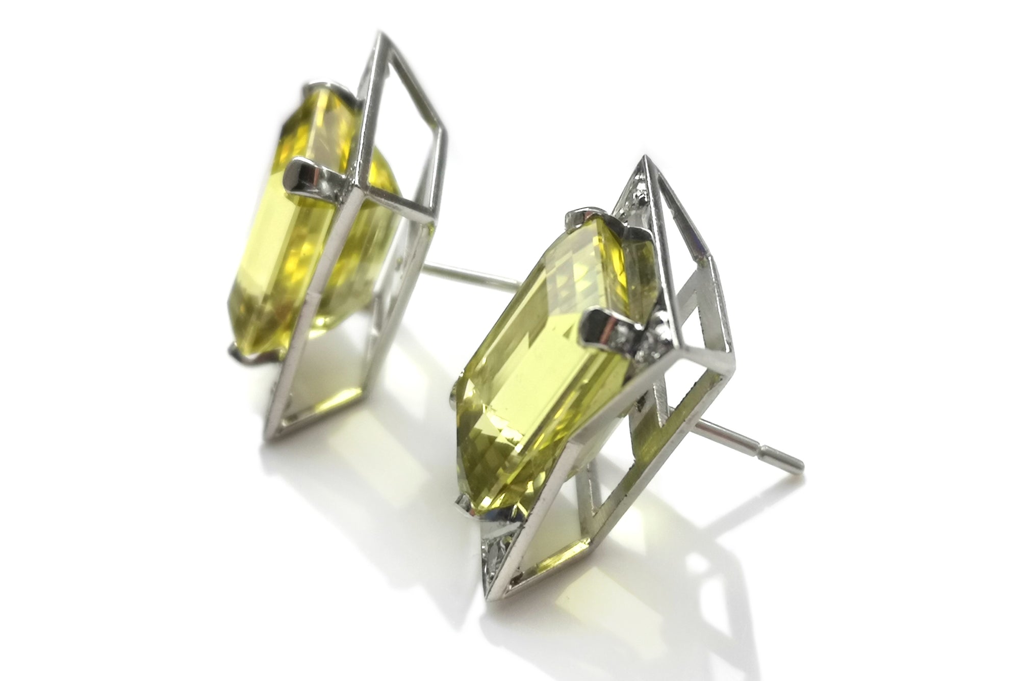 Art Deco Style 15.2ct Heliodor Yellow Beryl Diamond Earrings 18k White Gold