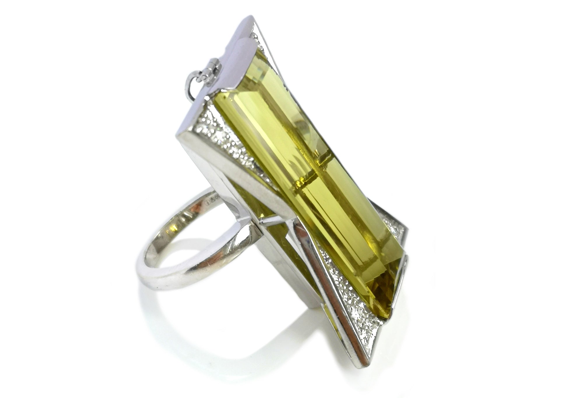 Art Deco Style 37.16ct Heliodor Yellow Beryl & 0.5ct Diamond Transformation Ring / Pendant in 18k White Gold