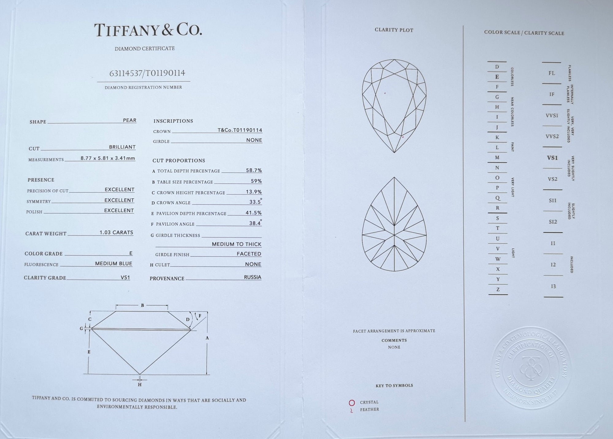 Tiffany & Co. 1.03ct E/VS1 Triple-X Soleste Pear Shaped Diamond Engagement Ring