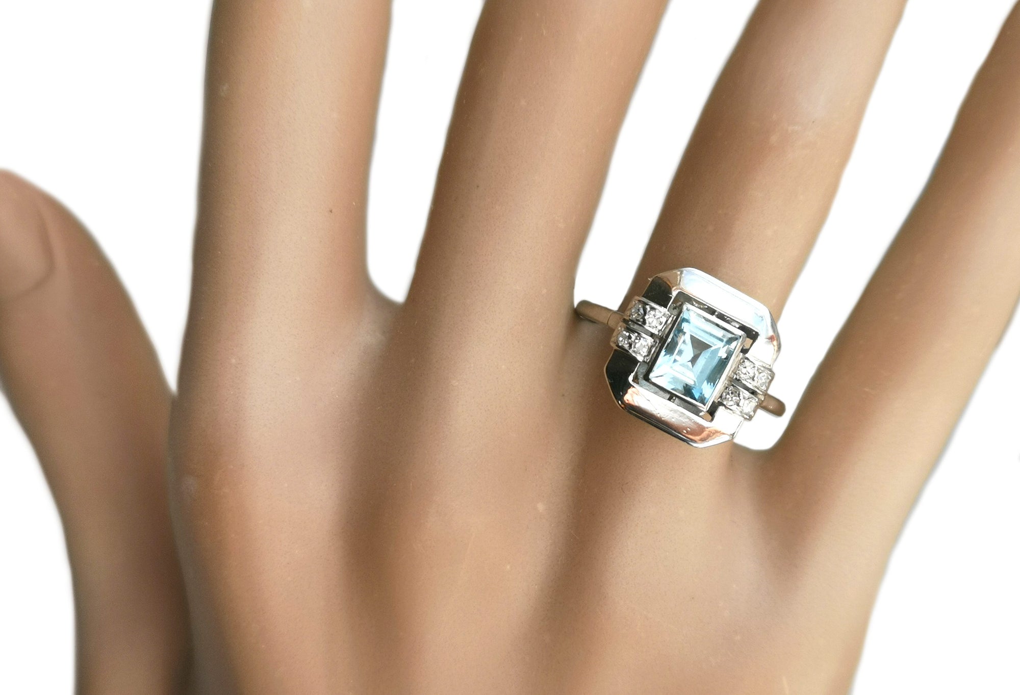 Original Art Deco .80ct Aquamarine Old Cut Diamond Engagement or Dress Ring