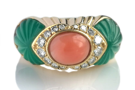 Vintage Cartier Cabochon Coral Carved Chalcedony Diamond Ring SZ 50