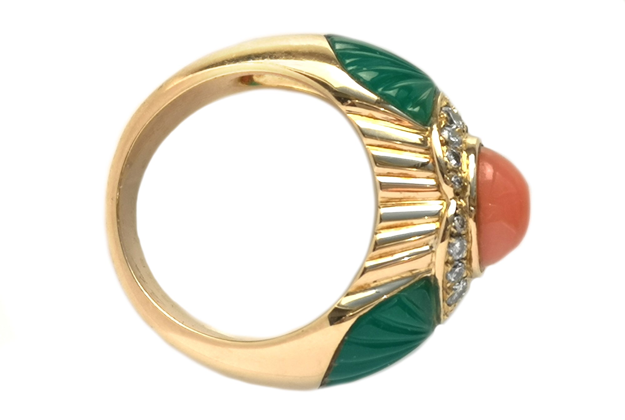 Vintage Cartier Cabochon Coral Carved Chalcedony Diamond Ring