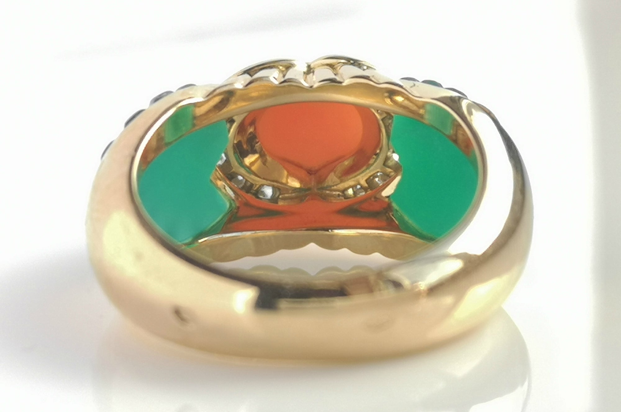 Vintage Cartier Cabochon Coral Carved Chalcedony Diamond Ring