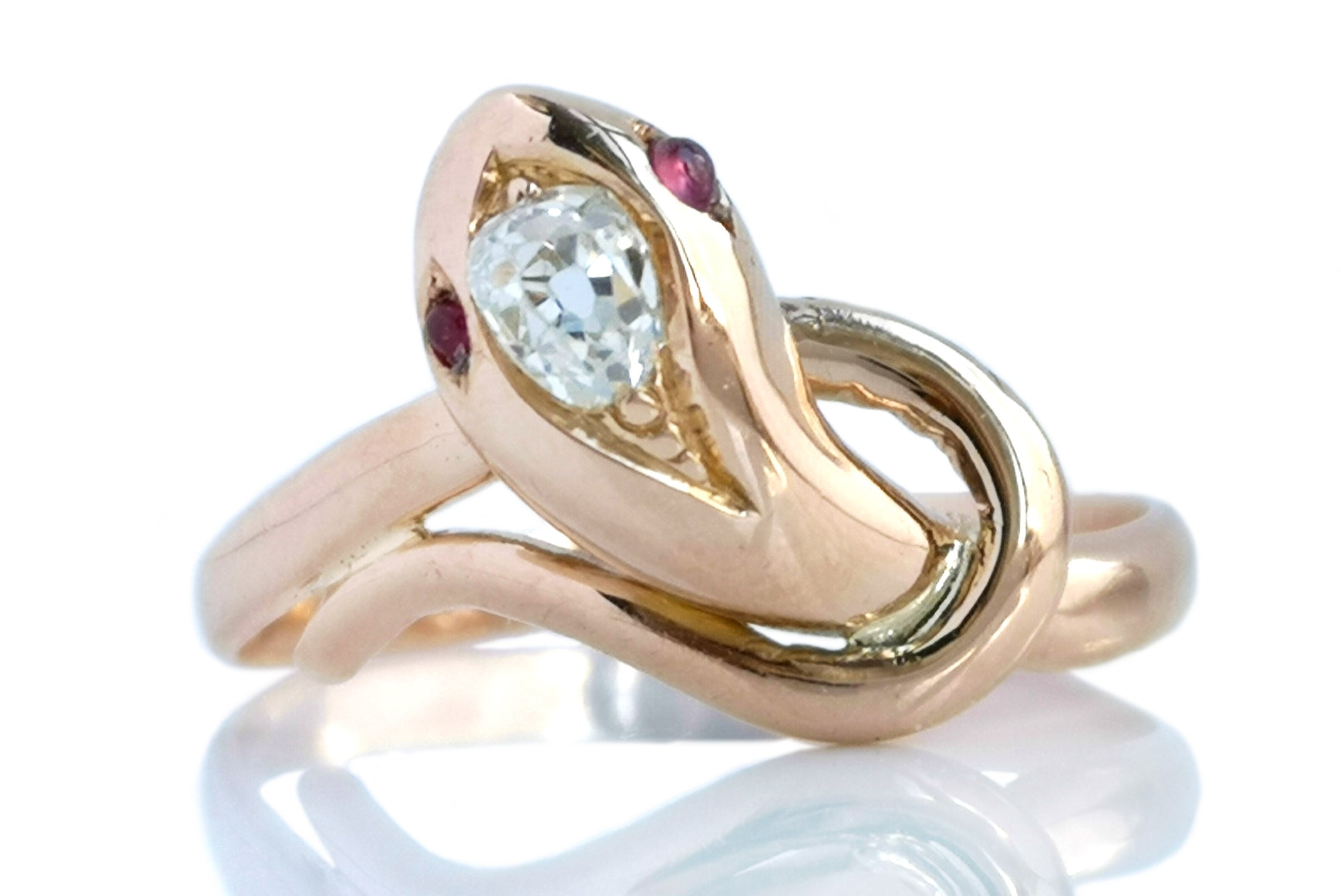 Antique French 18k Rose Gold Serpent Ring .10ct Old Mine Cut Diamond Cabochon Ruby Eyes