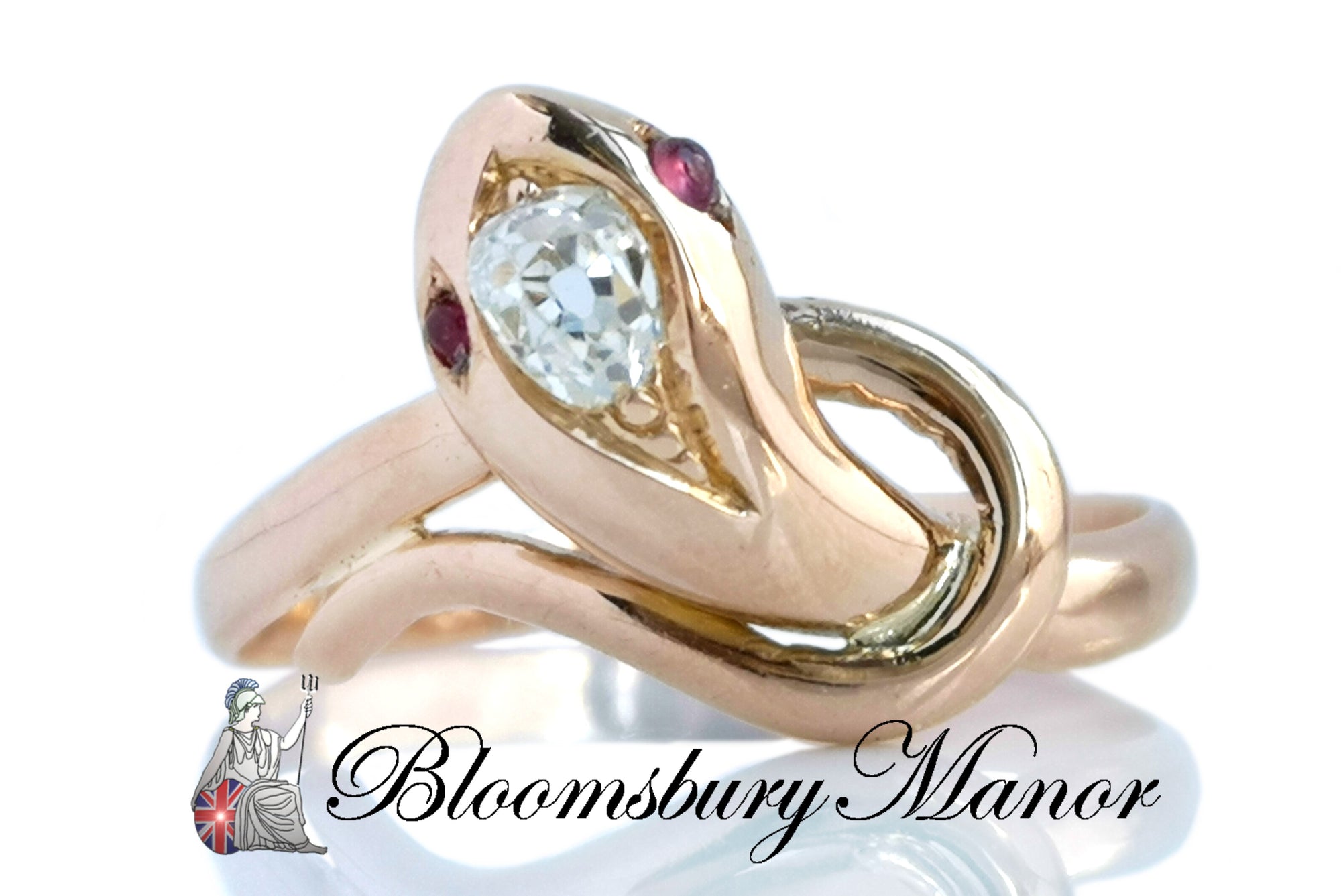 Antique French 18k Rose Gold Serpent Ring .10ct Old Mine Cut Diamond Cabochon Ruby Eyes