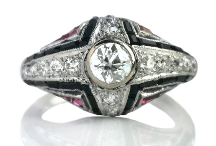 Art Deco .60tcw Old Cut Diamond Onyx Ruby Bombe Ring SZ M