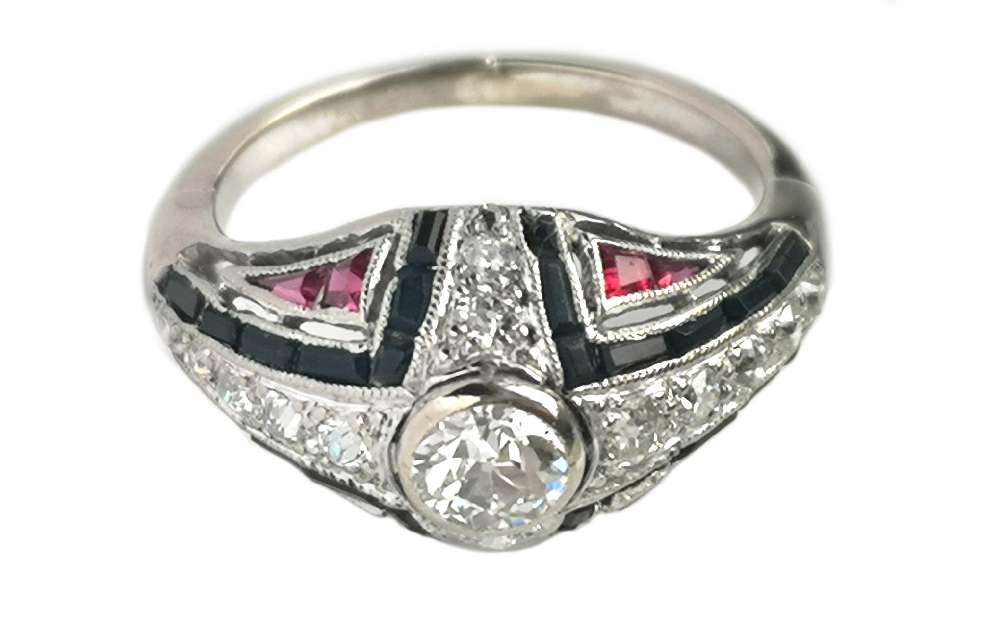 Art Deco 0.60tcw Old Cut Diamond, Onyx & Ruby Bombe Ring