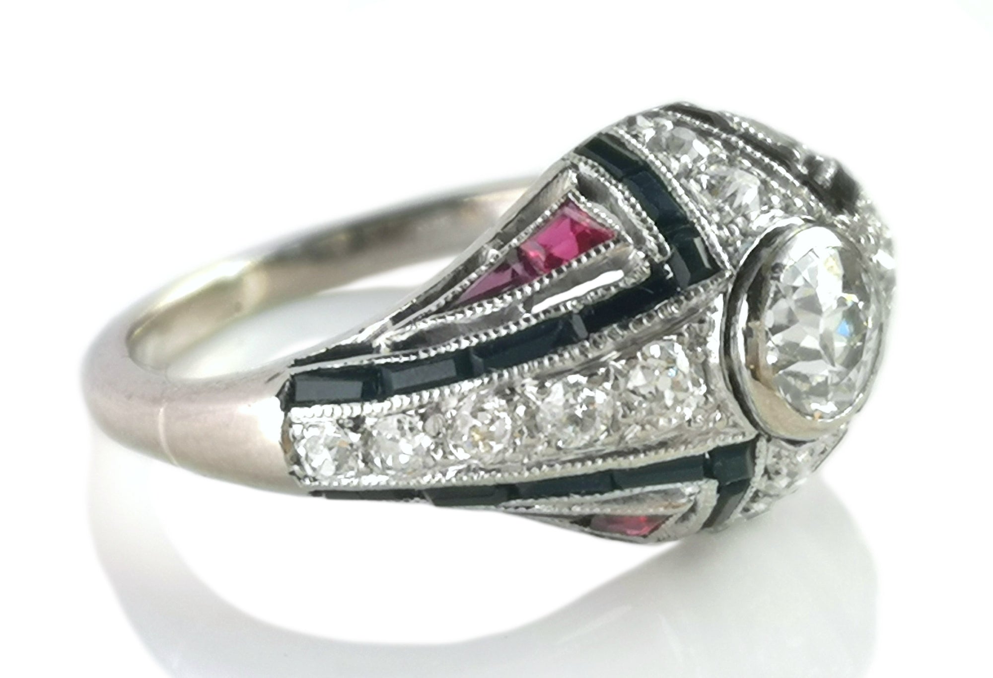 Art Deco 0.60tcw Old Cut Diamond, Onyx & Ruby Bombe Ring