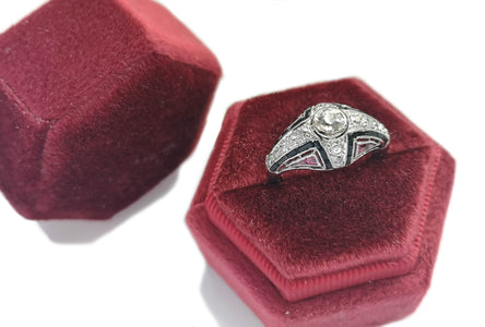 Art Deco 0.60tcw Old Cut Diamond, Onyx & Ruby Bombe Ring in ring box