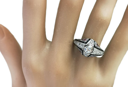 Art Deco 0.60tcw Old Cut Diamond, Onyx & Ruby Bombe Ring on finger