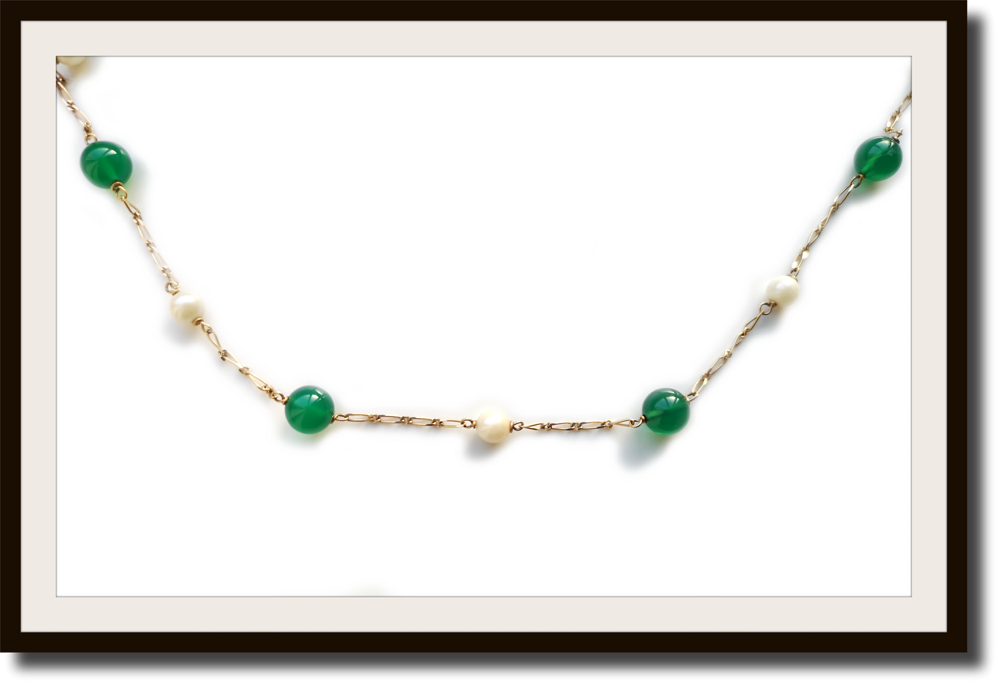 French Vintage Cultured Pearl & Green Agate 18k Gold Necklace